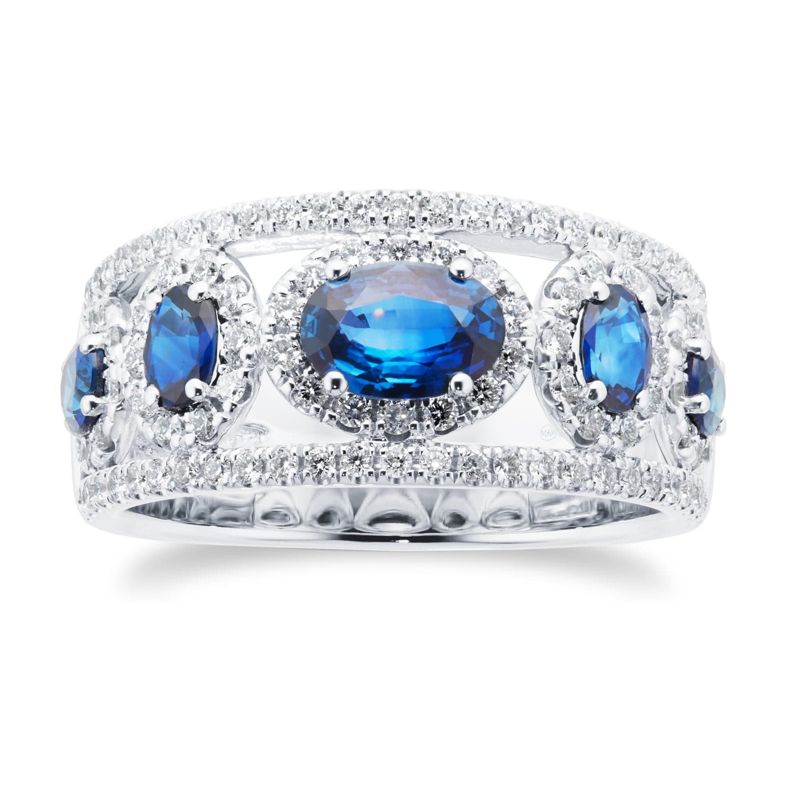18ct White Gold 0.53ct Diamond & 1.58cttw Sapphire Diamond Halo Ring - Ring Size I