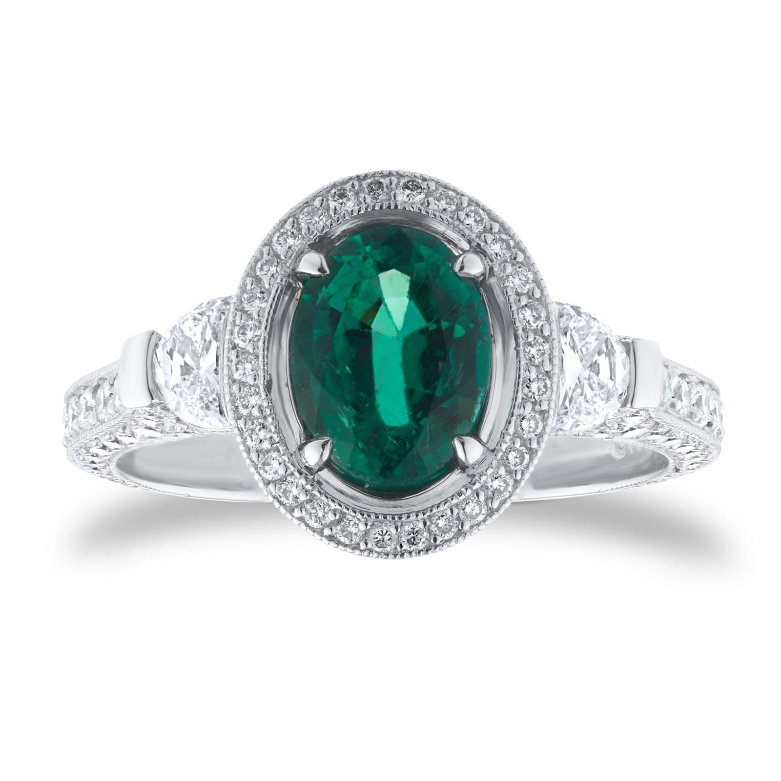 Platinum 1.13cttw Diamond & 1.29cttw Oval Cut Emerald Ring