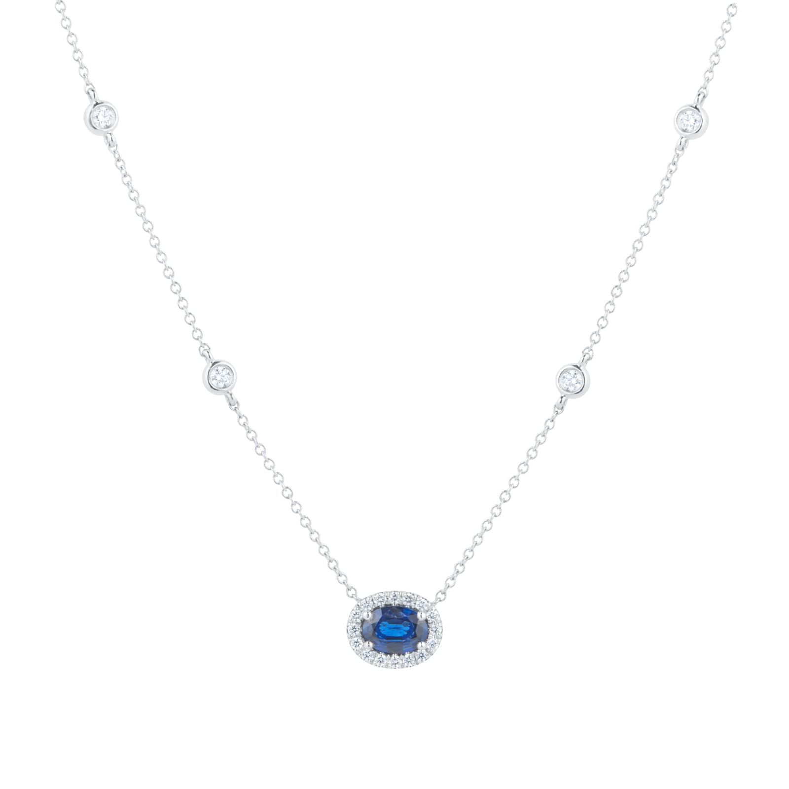 18ct White Gold 1.50cttw Oval Cut Sapphire Halo Necklace