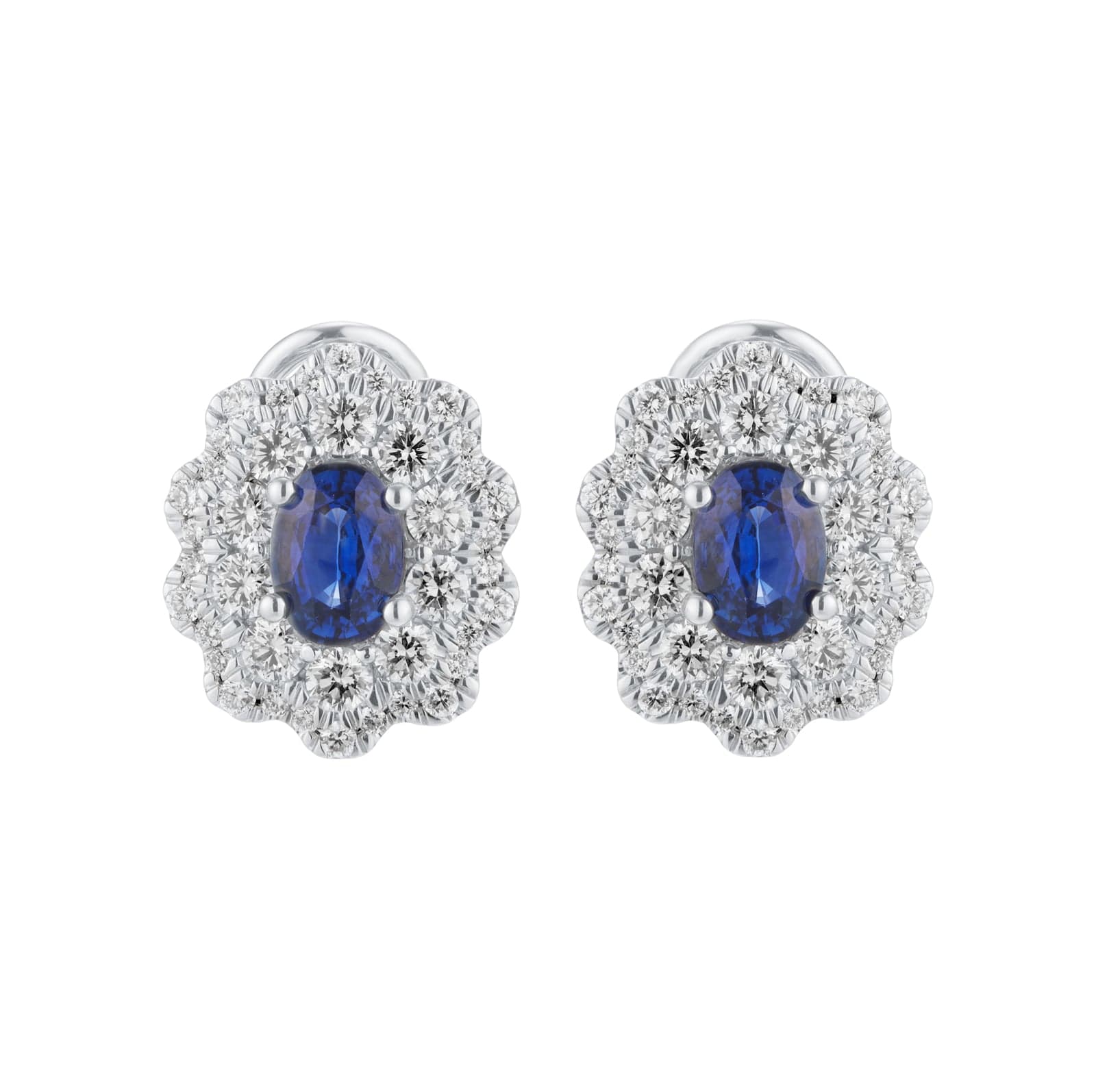 18ct White Gold 1.56cttw Diamond Halo & 1.91cttw Oval Sapphire Earrings