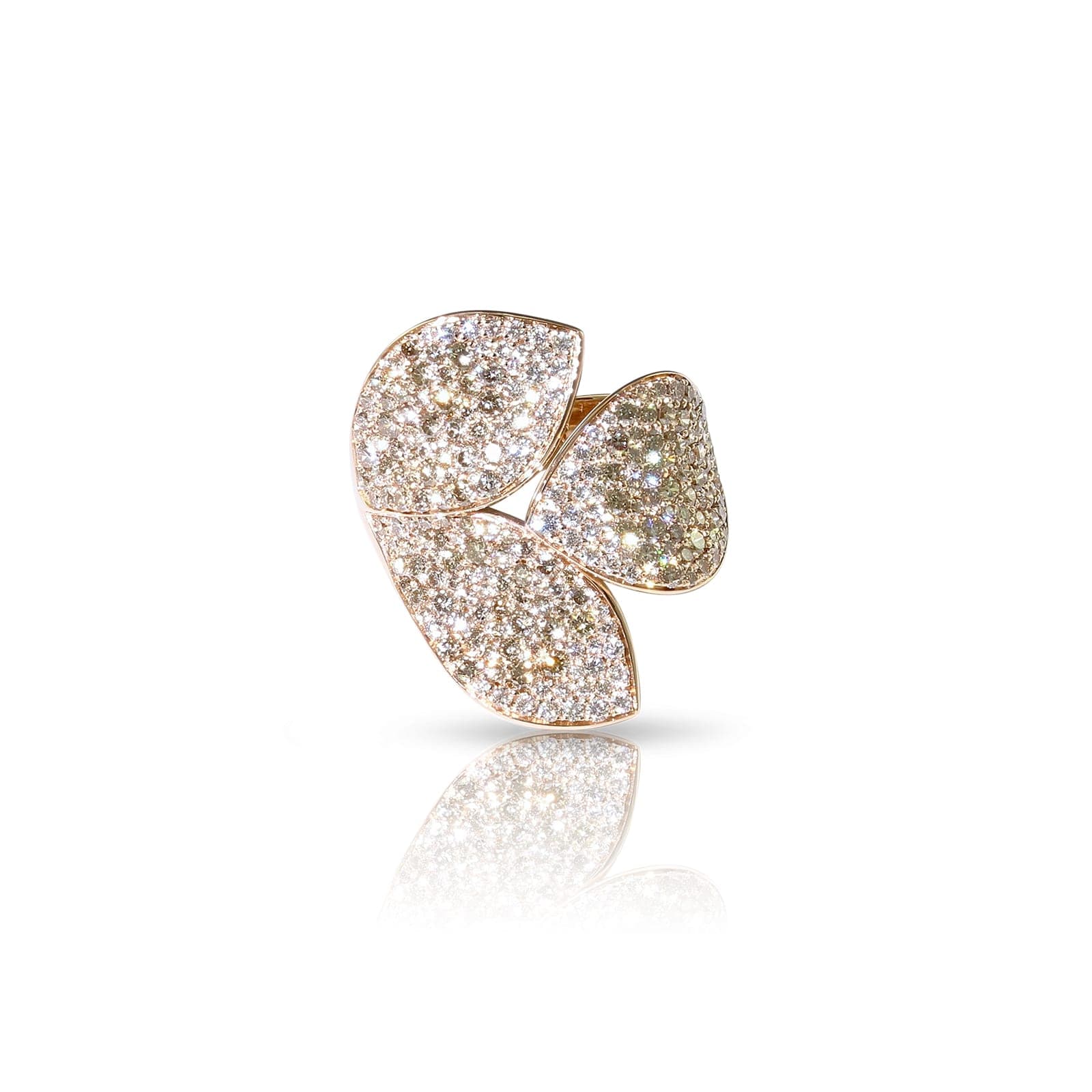Giardini Segreti Three Leaves Ring in 18ct Rose Gold with White and Champagne Diamonds