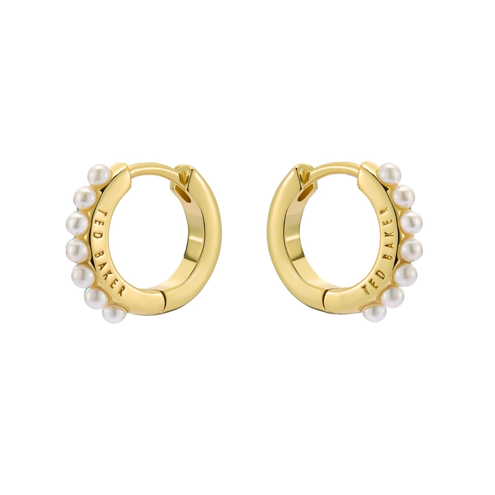 Persia Yellow Gold Coloured Pearl Huggie Hoop Earrings
