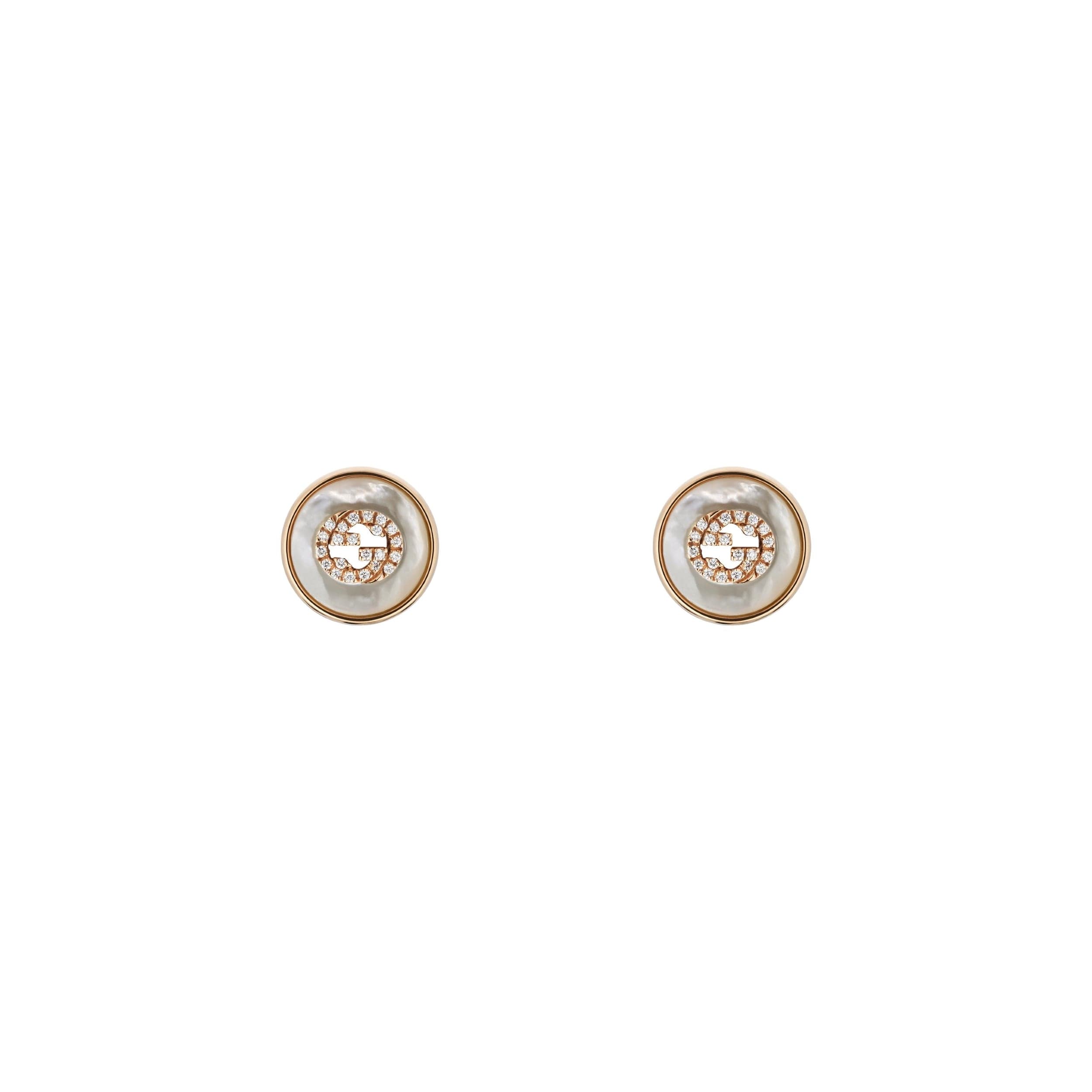 Gucci Interlocking 18ct Rose Gold Diamond & Mother Of Pearl Stud Earrings