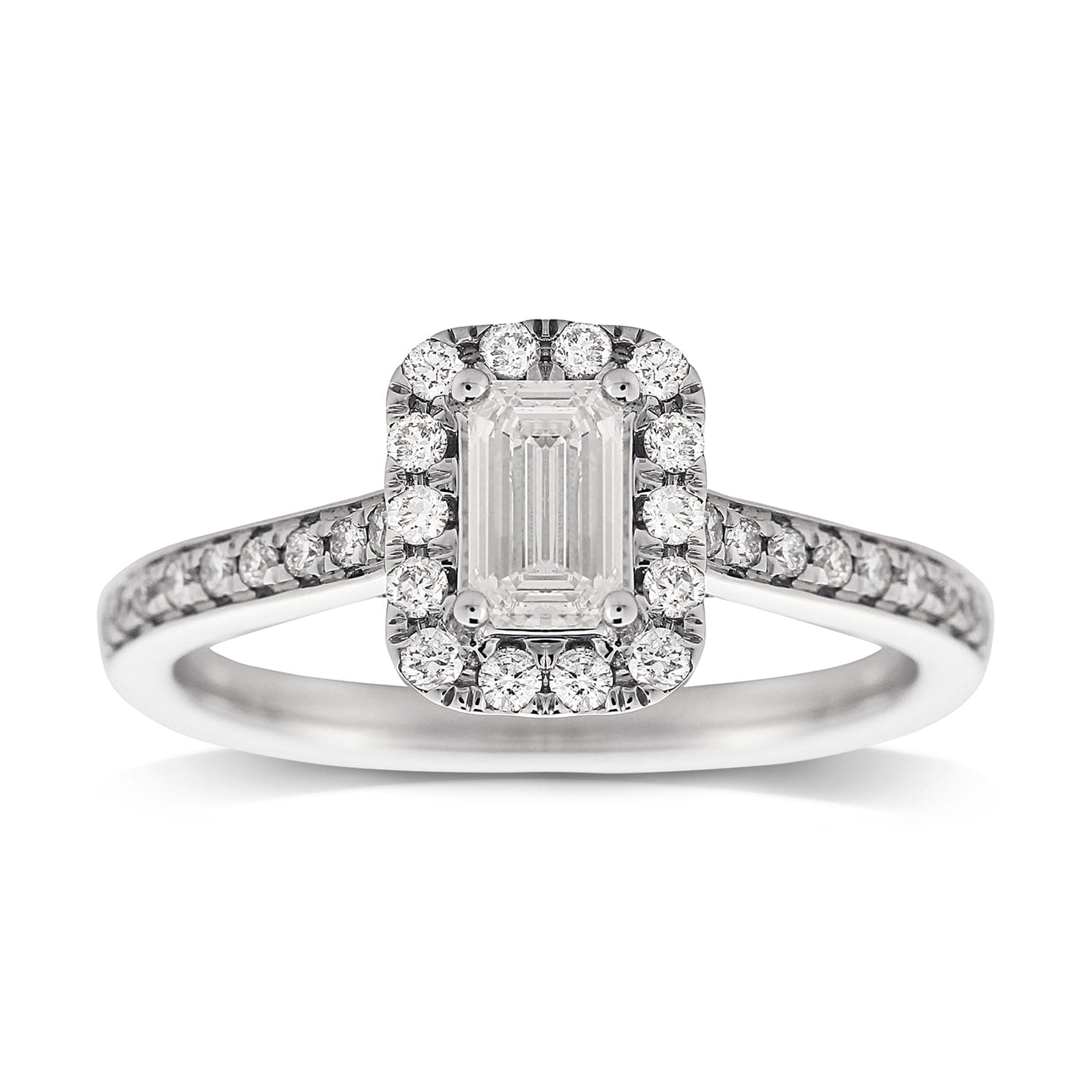 Emerald Cut 0.90ct Halo Diamond Ring In 18ct White Gold