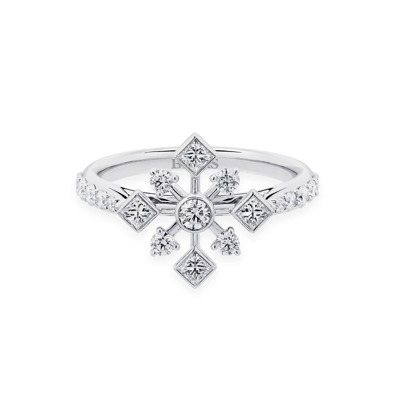 18ct White Gold 0.76ct Diamond Snowflake Ring - Size L.5