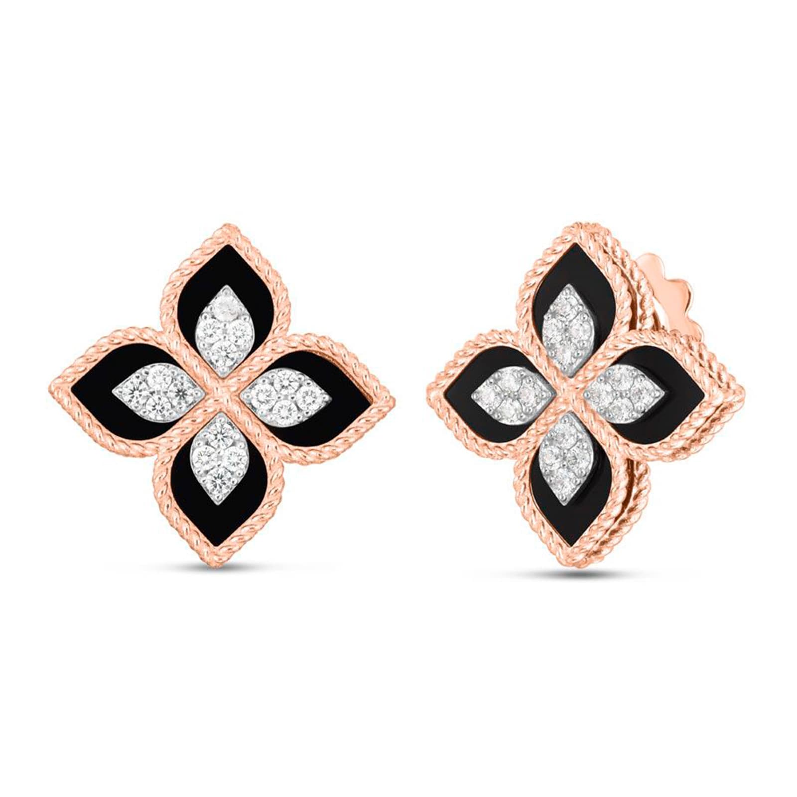 Princess Flower 18ct Rose Gold 0.38ct Diamond & Black Jade Stud Earrings