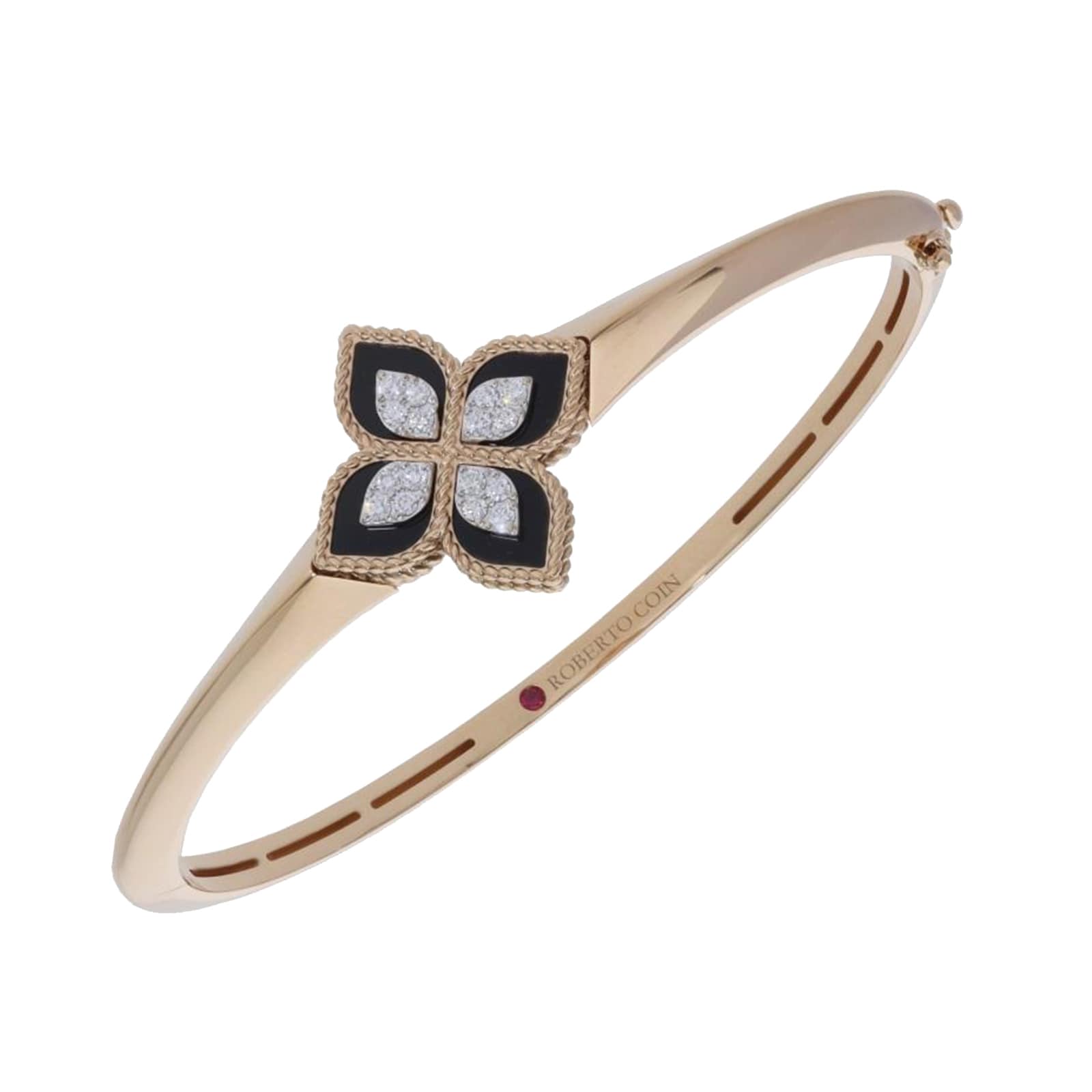 Princess Flower 18ct Rose Gold 0.18ct Diamond & Black Jade Bangle