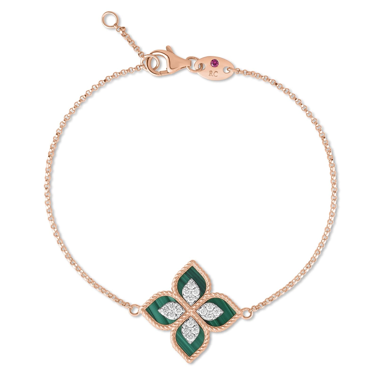 Princess Flower 18ct Rose Gold 0.19ct Diamond & Malachite Bracelet