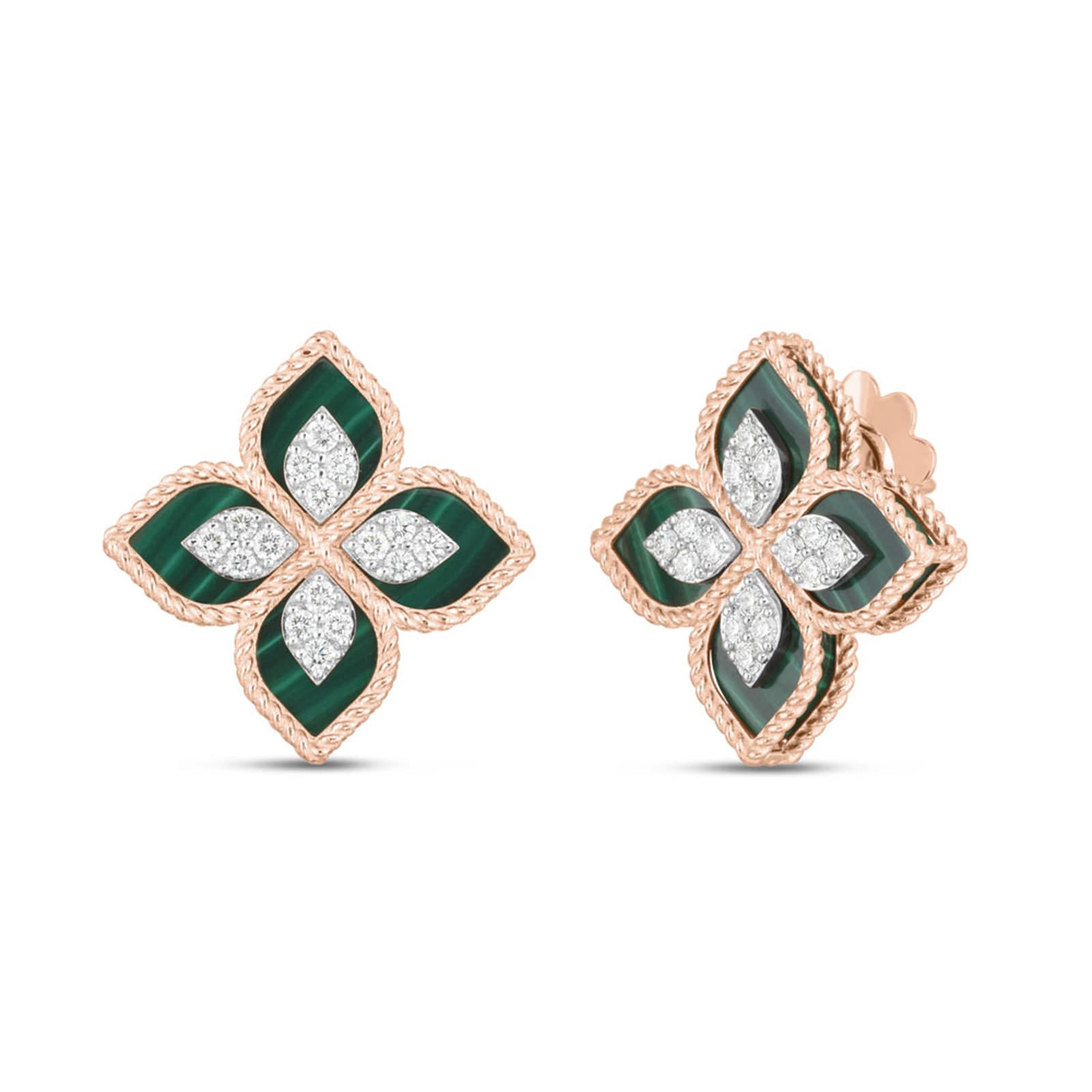 Princess Flower 18ct Rose Gold 0.37ct Diamond & Malachite Stud Earrings