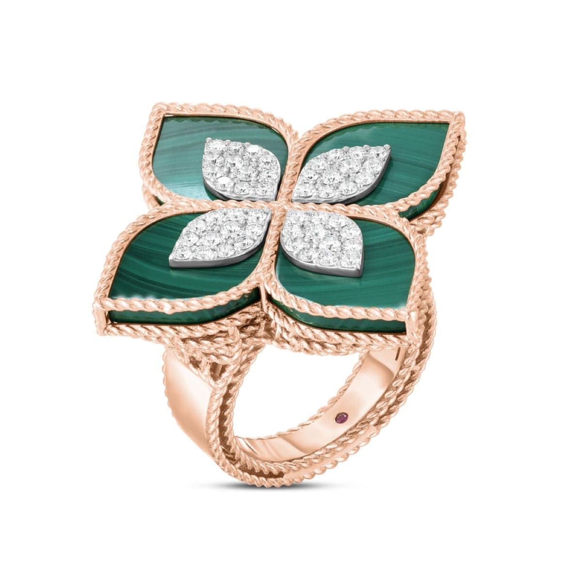 Princess Flower 18ct Rose Gold 0.72ct Diamond & Malachite Ring