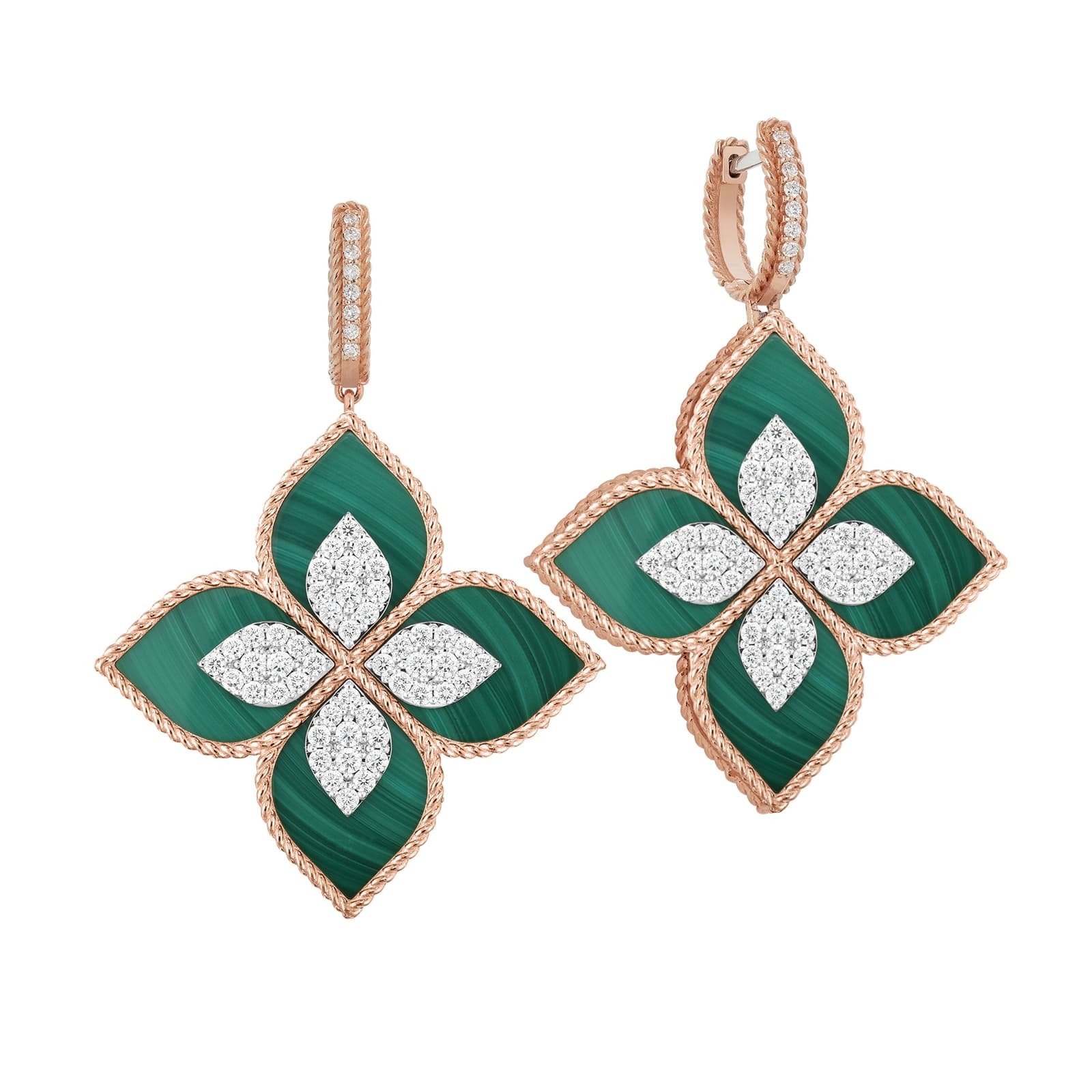 Princess Flower 18ct Rose Gold 1.56ct Diamond & Malachite Drop Earrings