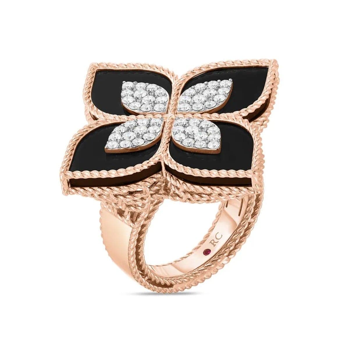 Princess Flower 18ct Rose Gold 0.72ct Diamond & Black Jade Ring