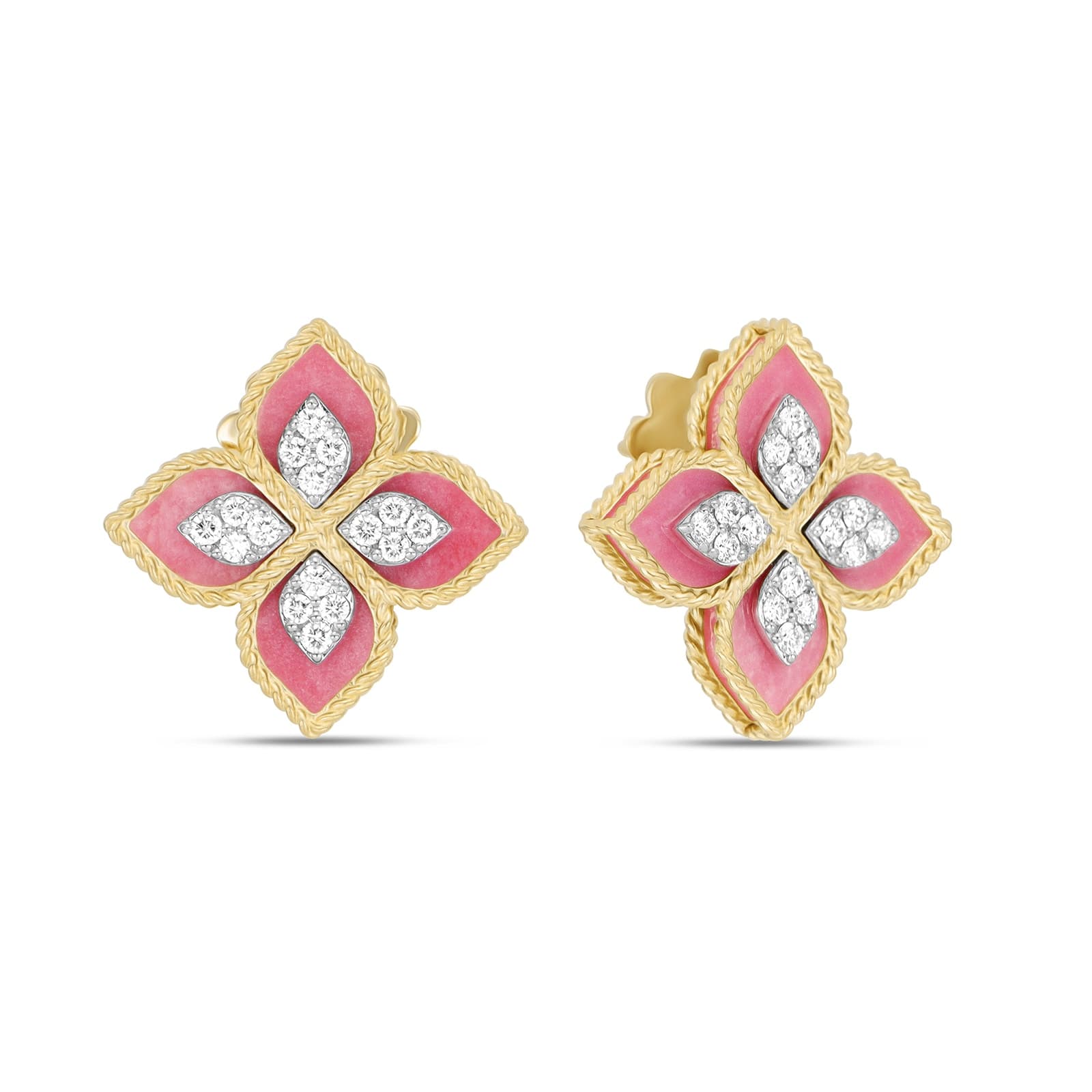 Princess Flower 18ct Yellow Gold Rhodonite & 0.36ct Diamond Stud Earrings