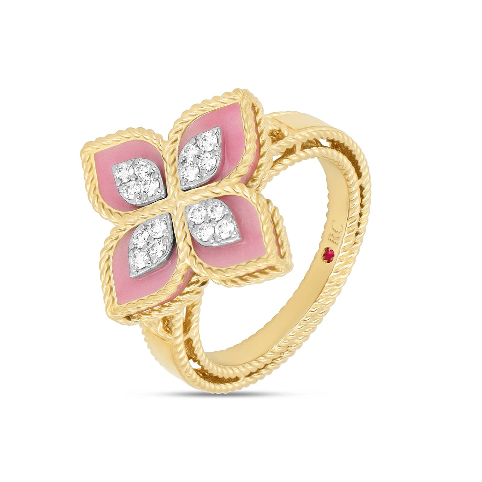 Princess Flower 18ct Yellow Gold Rhodonite & 0.19ct Diamond Ring
