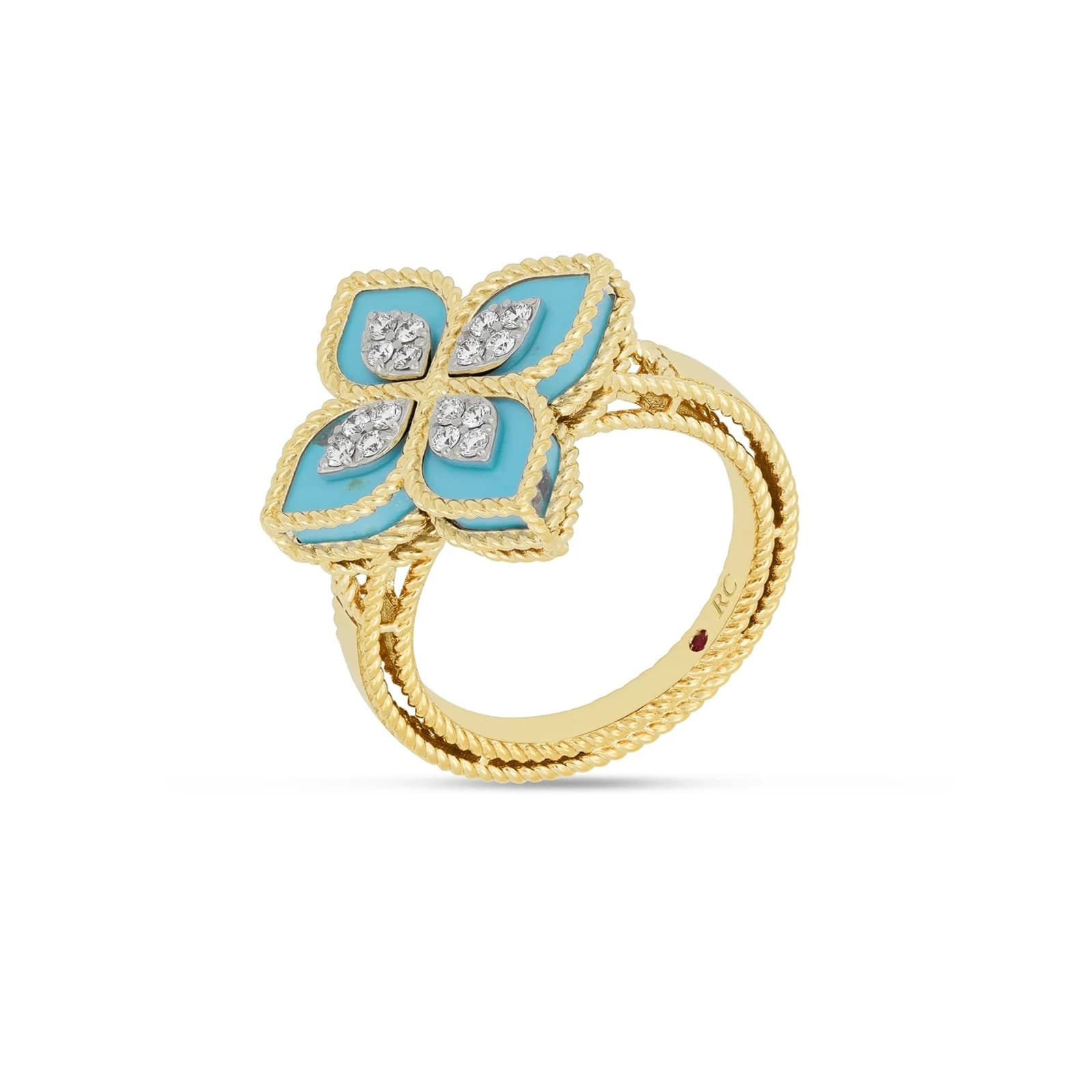 Princess Flower 18ct Yellow Gold Turquoise & 0.18ct Diamond Ring