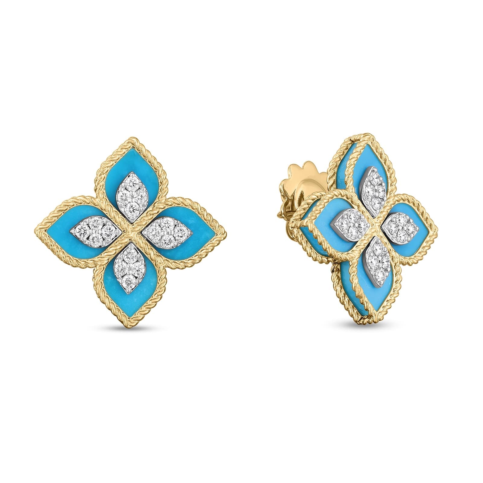Princess Flower 18ct Yellow Gold Turquoise & 0.36ct Diamond Stud Earrings