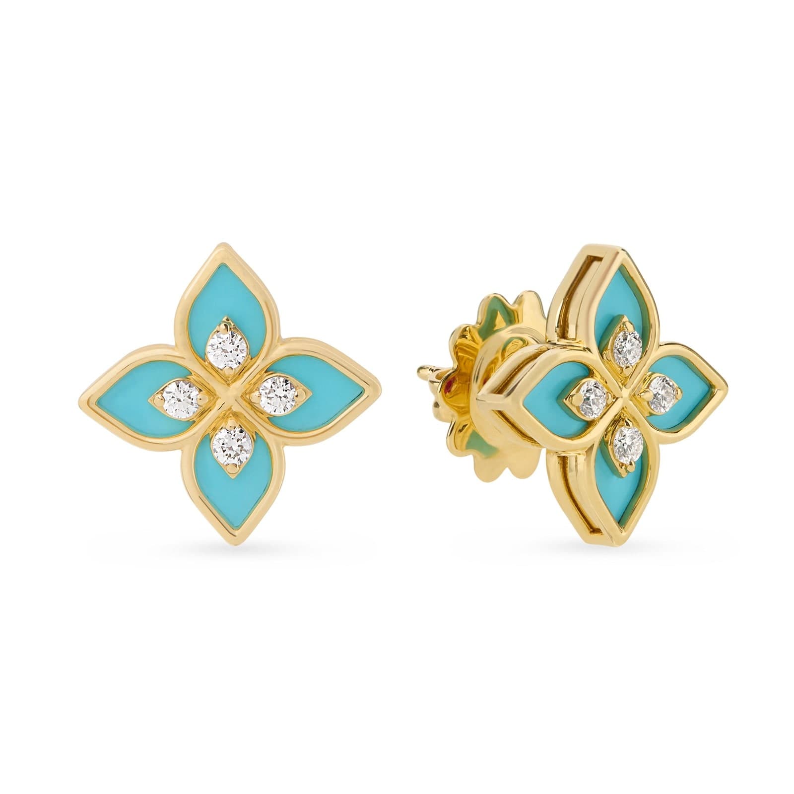 Princess Flower 18ct Yellow Gold 0.19ct Diamond & Enamel Stud Earrings