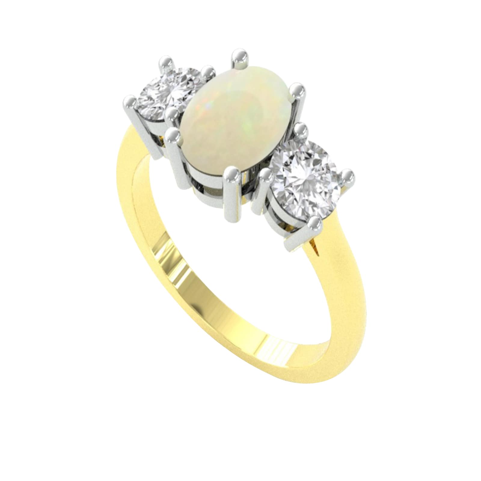 18ct Yellow Gold Oval Opal & 0.72ct Diamond 3 Stone Ring - Ring Size V