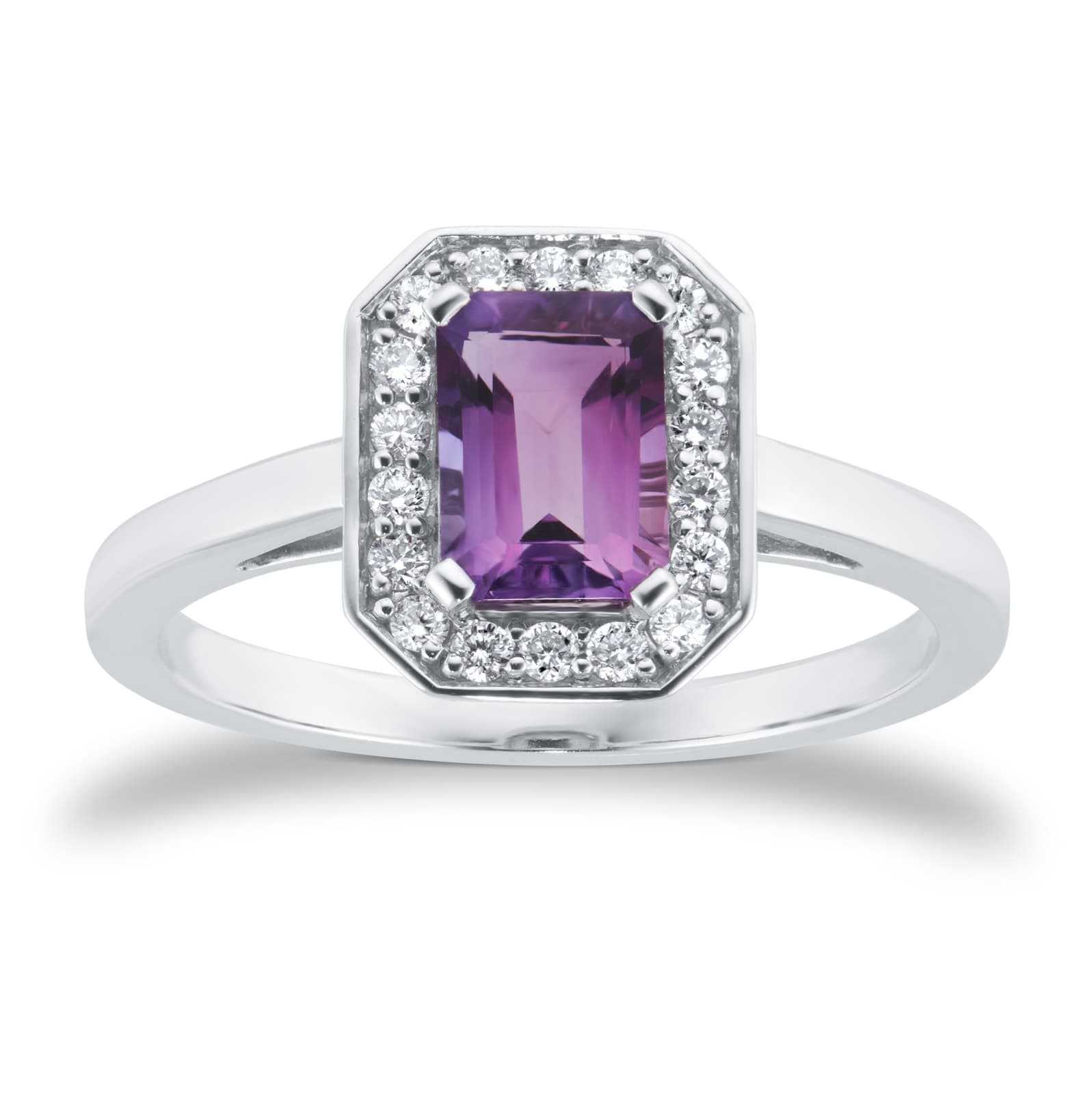 9ct White Gold Rectangular Amethyst & Diamond Halo Ring - Ring Size G