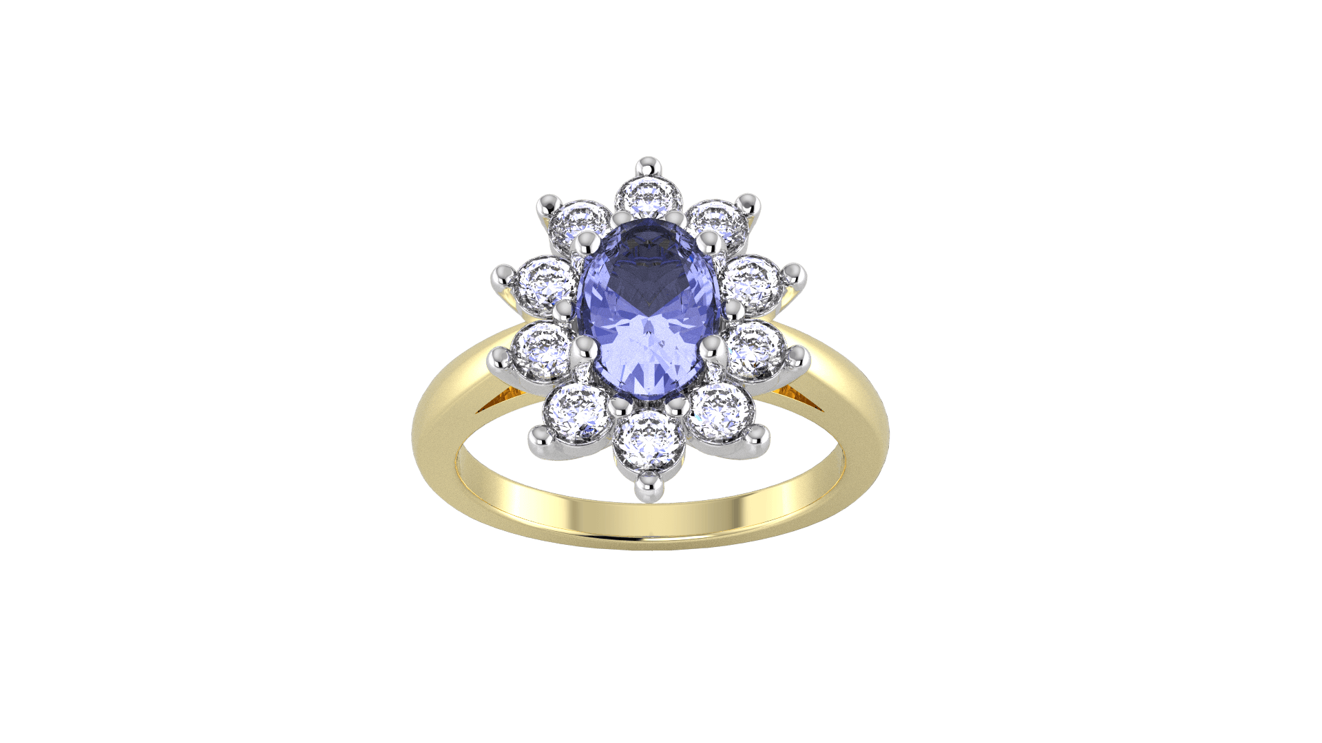 18ct Yellow and White Gold Tanzanite & Diamond Cluster Ring - Ring Size K