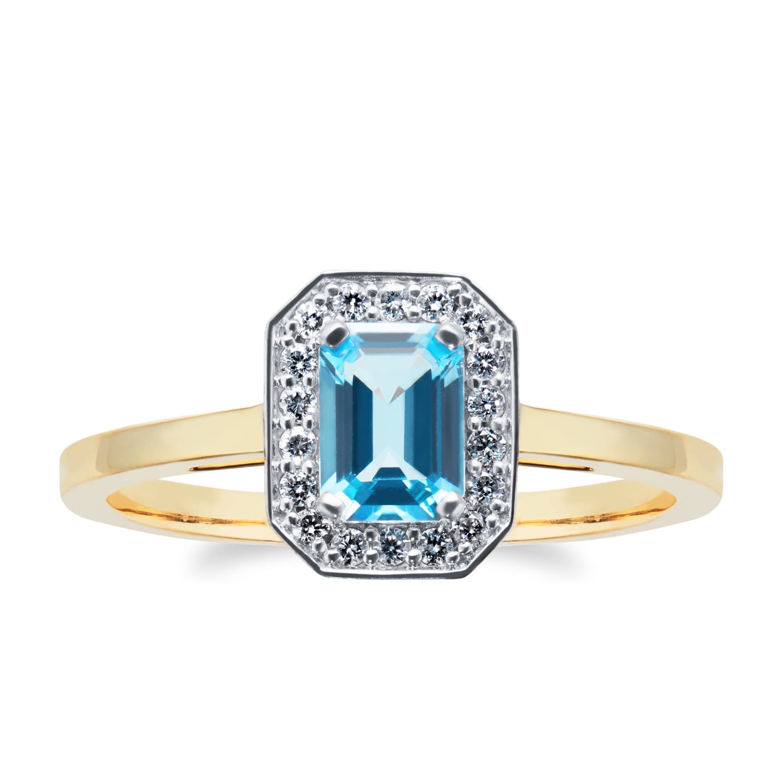 9ct Yellow and White Gold Blue Topaz & Diamond Cluster Ring - Ring Size U