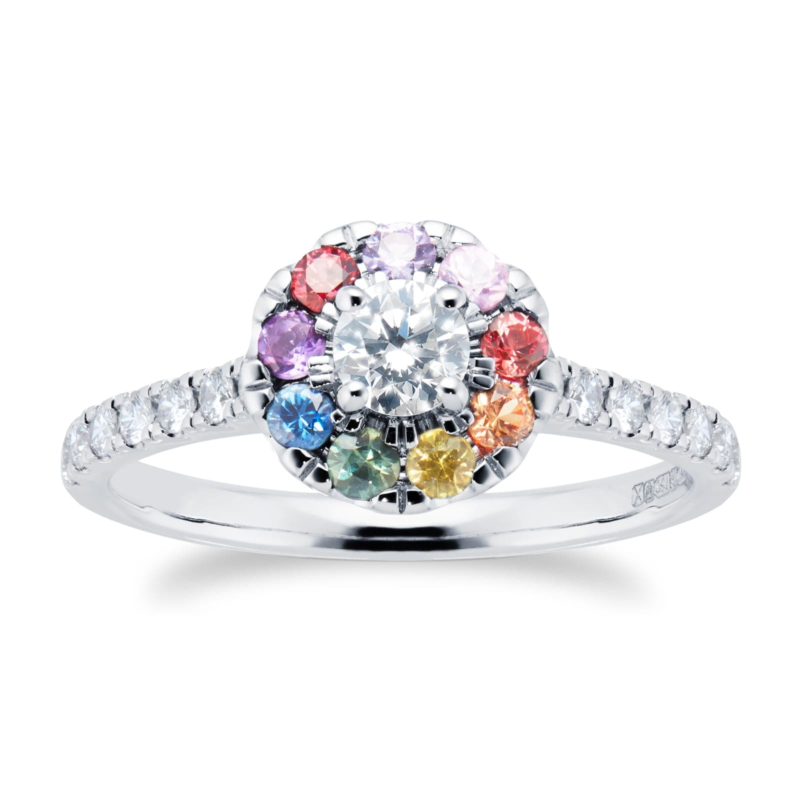 18ct White Gold Diamond & Rainbow Sapphire Halo Ring - Ring Size E.5
