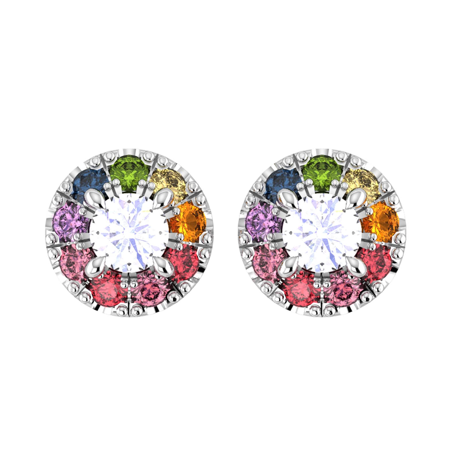 9ct White Gold Diamond & Rainbow Sapphire Halo Stud Earrings