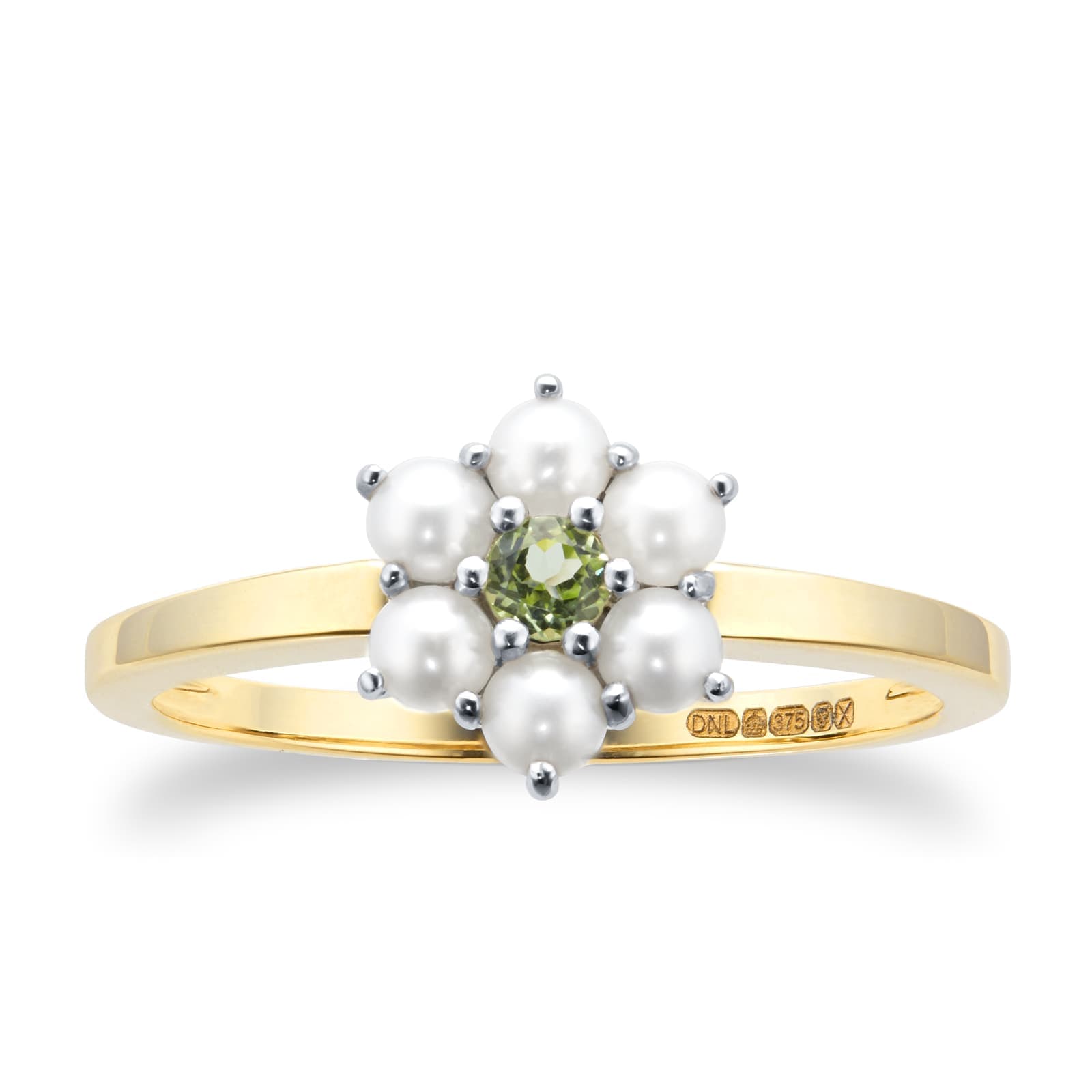 9ct Yellow & White Gold Peridot & Fresh Water Pearl 7 Stone Daisy Cluster Ring - Ring Size L.5