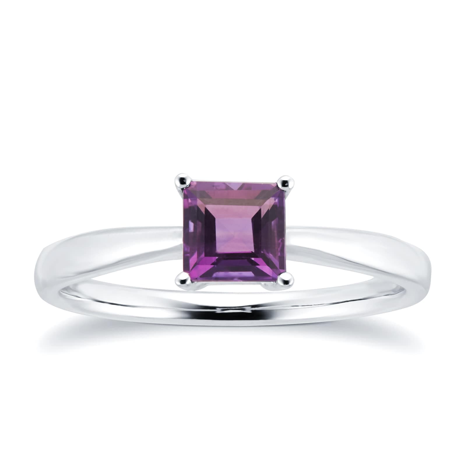 9ct White Gold 4 Claw Square Amethyst 5mm x 5mm Ring- Ring Size G.5