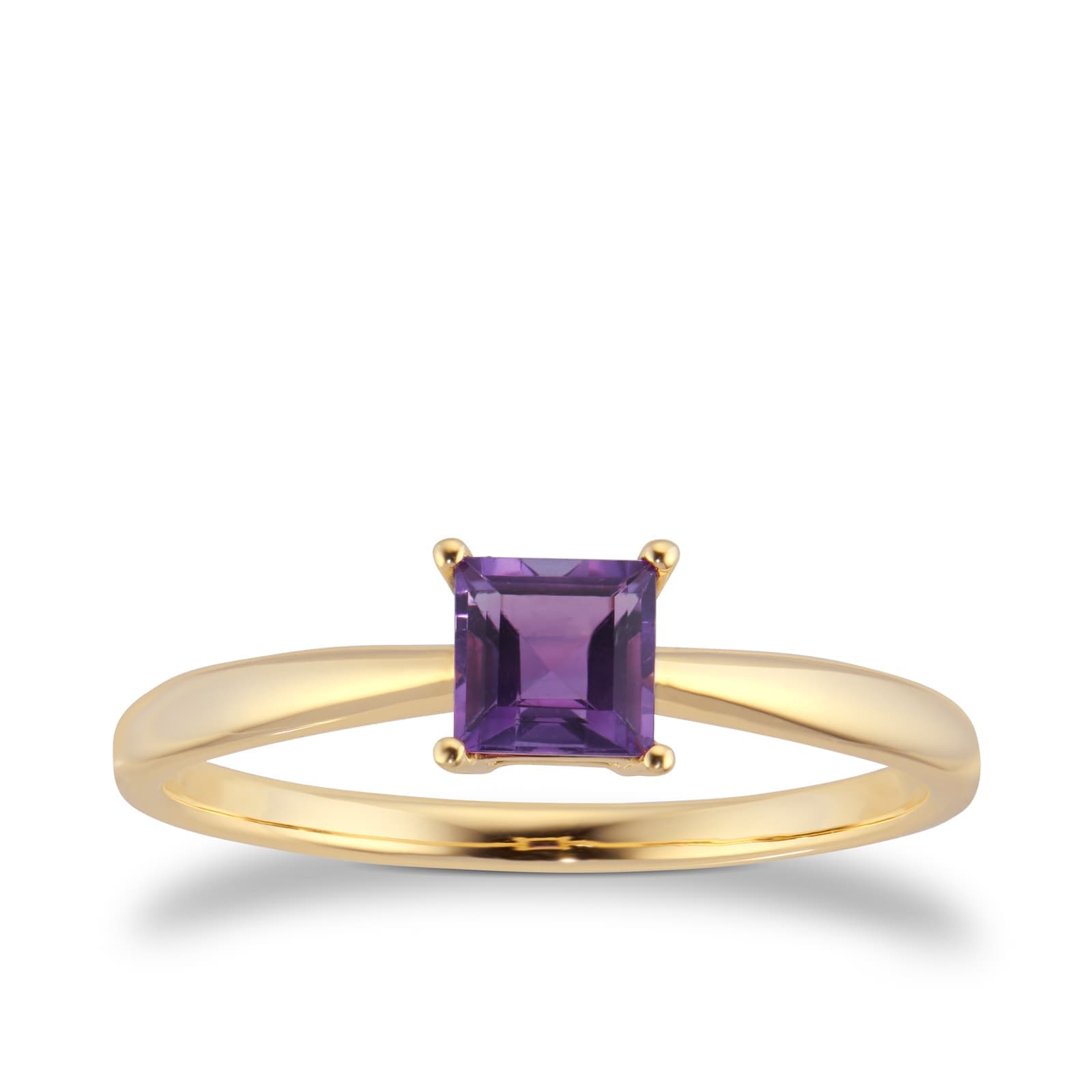 9ct Yellow Gold 4 Claw Square Amethyst 5mm x 5mm Ring- Ring Size N.5