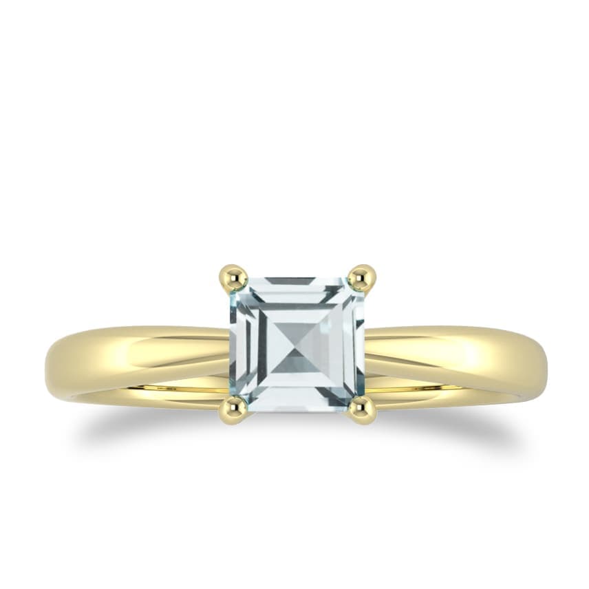 9ct Yellow Gold 4 Claw Square Aquamarine 5mm x 5mm Ring- Ring Size K