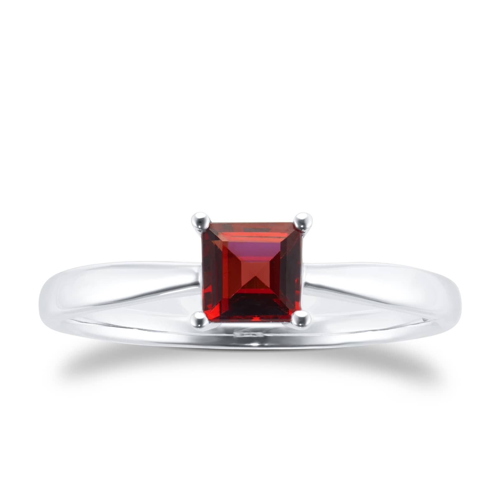 9ct White Gold 4 Claw Square Garnet 5mm x 5mm Ring- Ring Size M