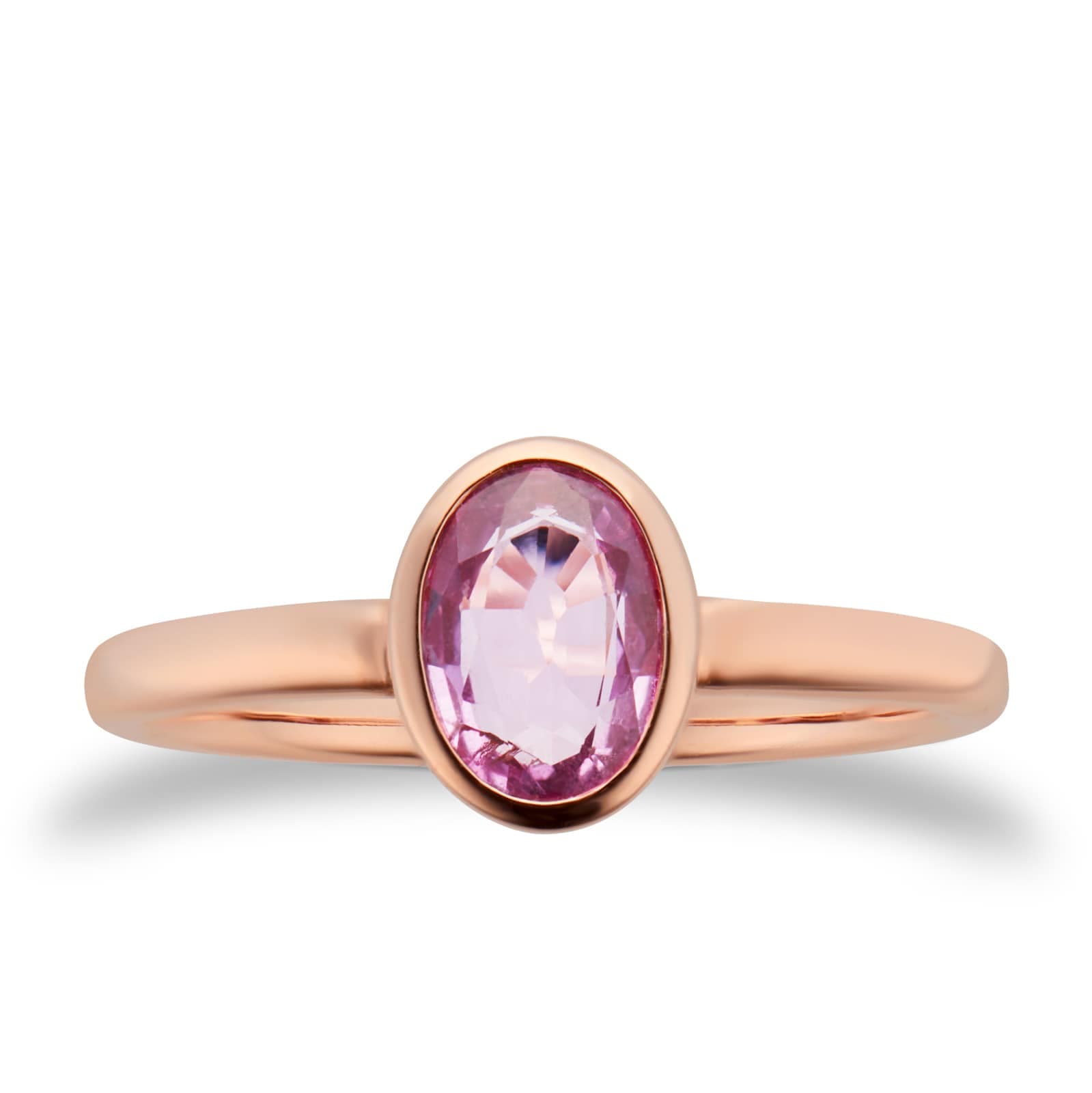 9ct Rose Gold Oval 7mm x 5mm Pink Sapphire Bezel Set Ring - Ring Size F