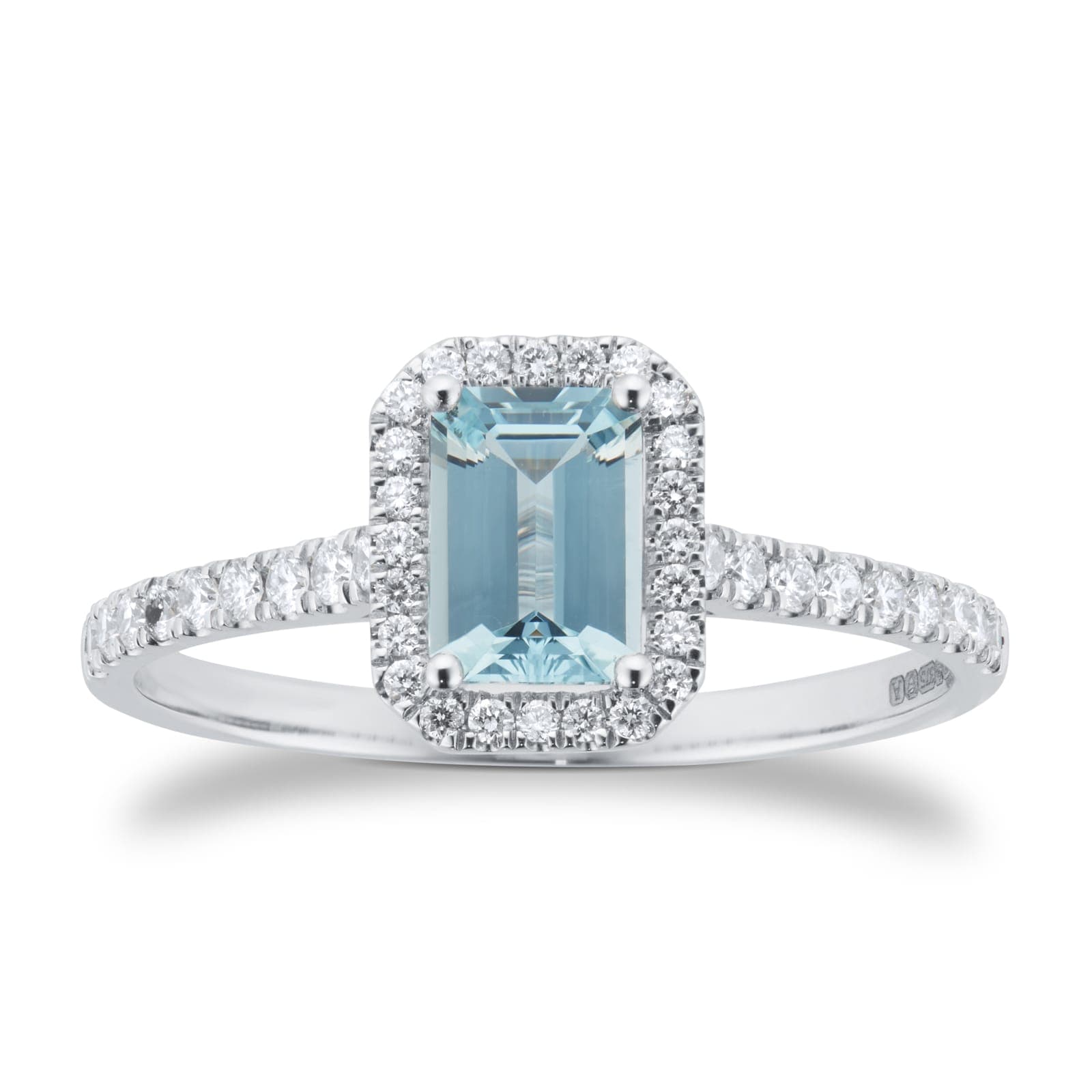 9ct White Gold Aquamarine & Diamond Halo Ring with Diamond Shoulders - Ring Size D.5