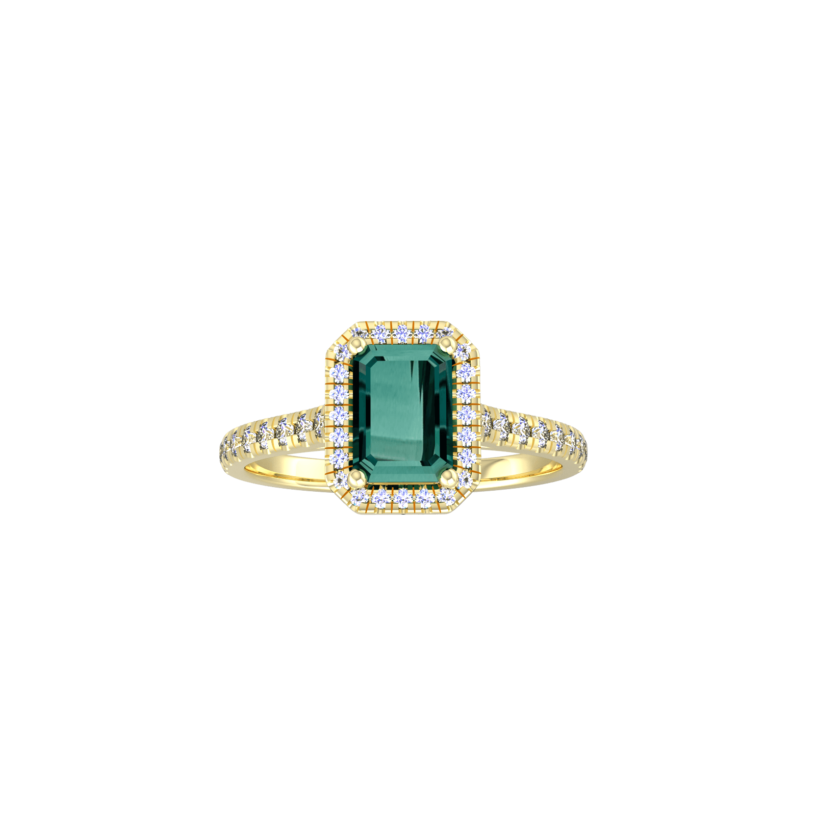 9ct Yellow Gold Green Tourmaline & Diamond Halo Ring with Diamond Shoulders