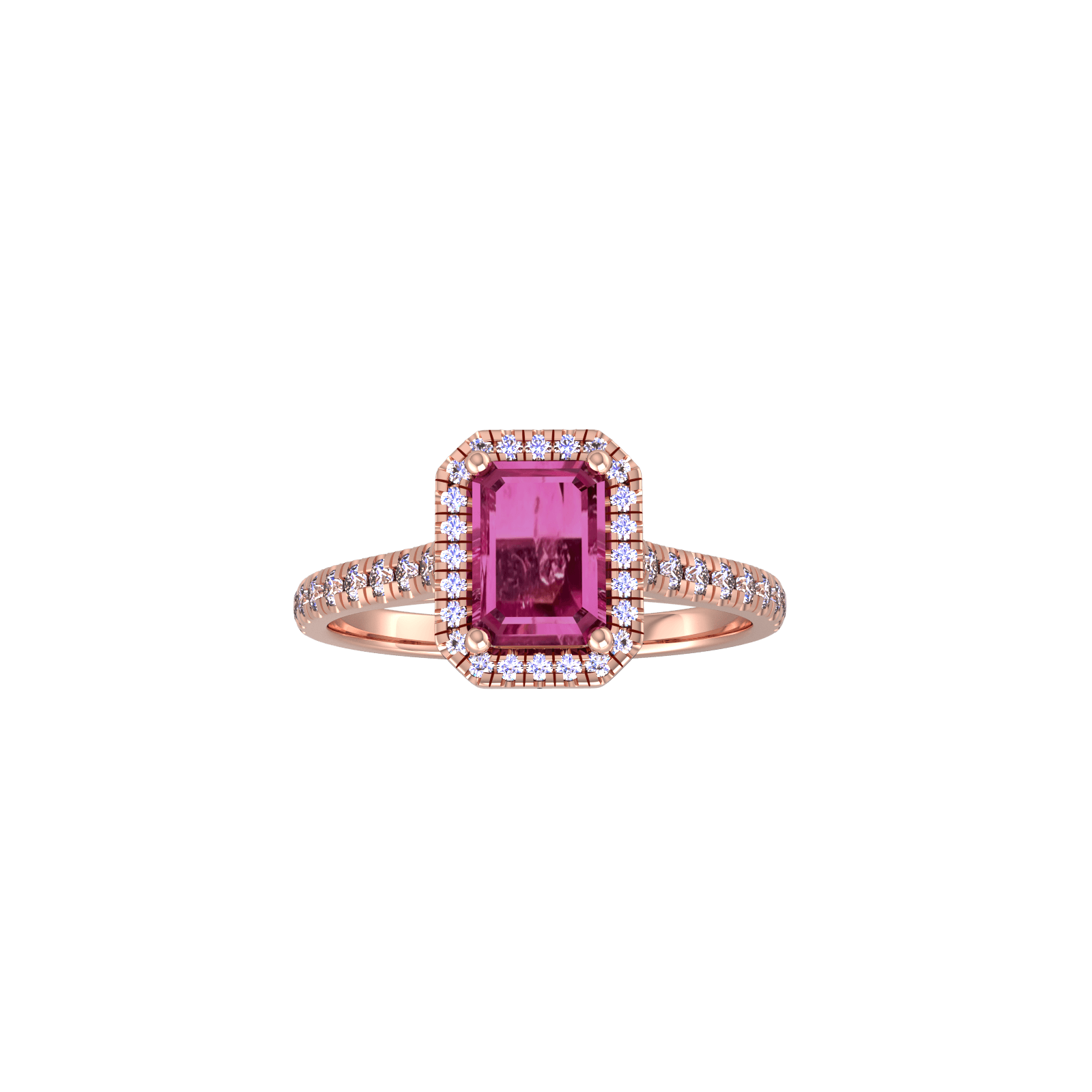 9ct Rose Gold Pink Tourmaline & Diamond Halo Ring with Diamond Shoulders - Ring Size B.5