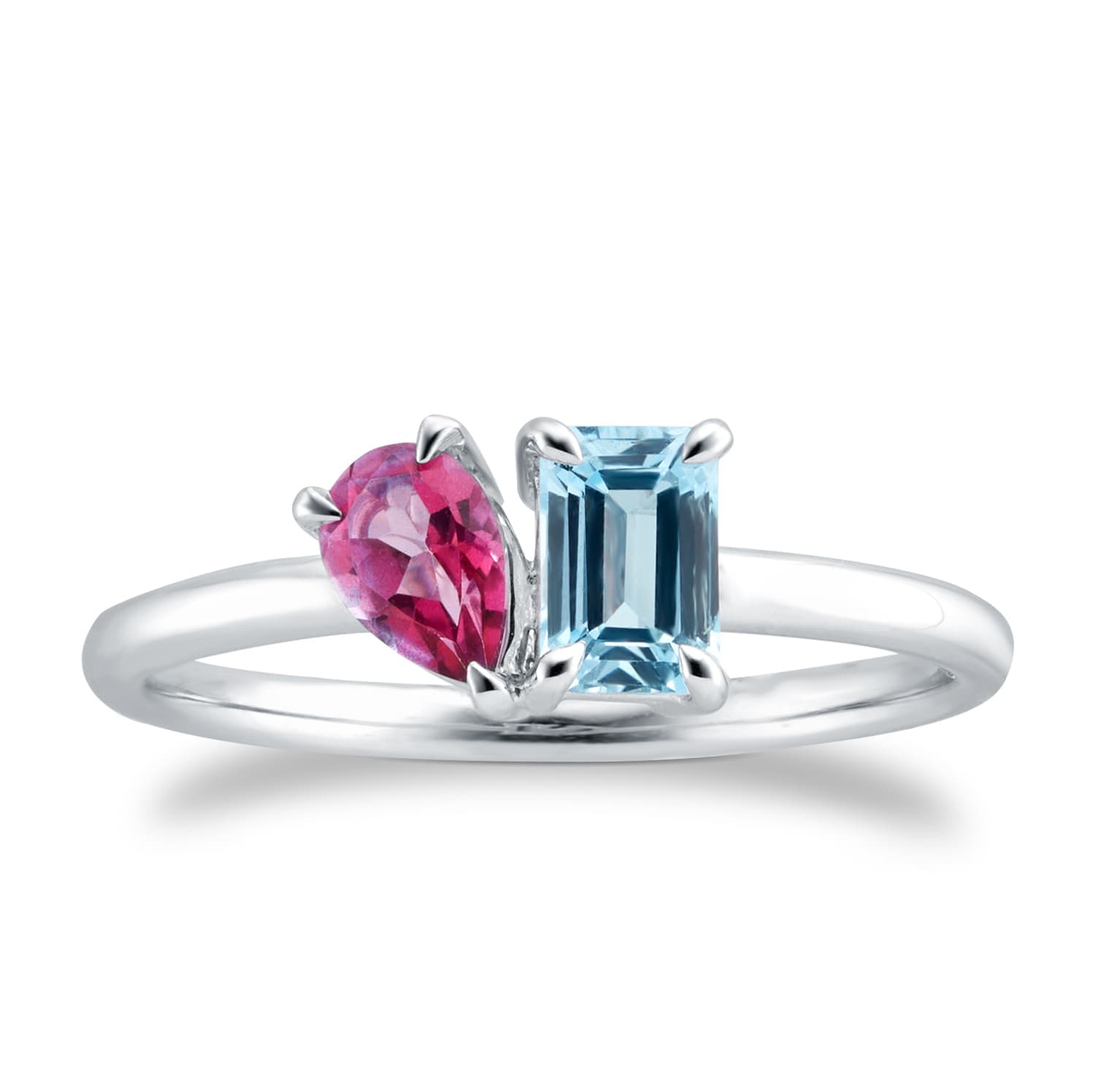 18ct White Gold Moi Et Toi Pear Pink Topaz & Rectangular Blue Topaz Ring - Ring Size S