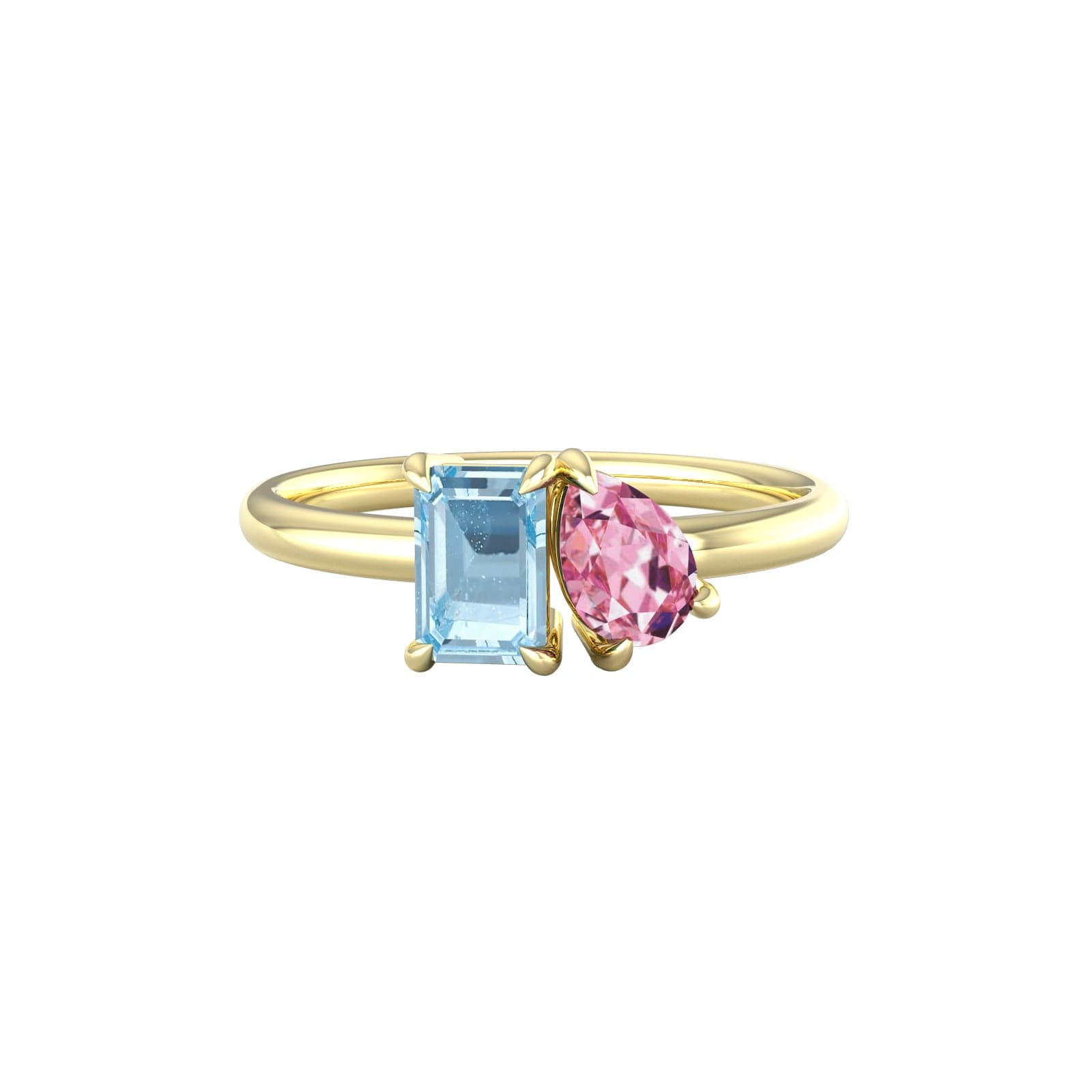 18ct Yellow Gold Moi Et Toi Pear Pink Topaz & Rectangular Blue Topaz Ring