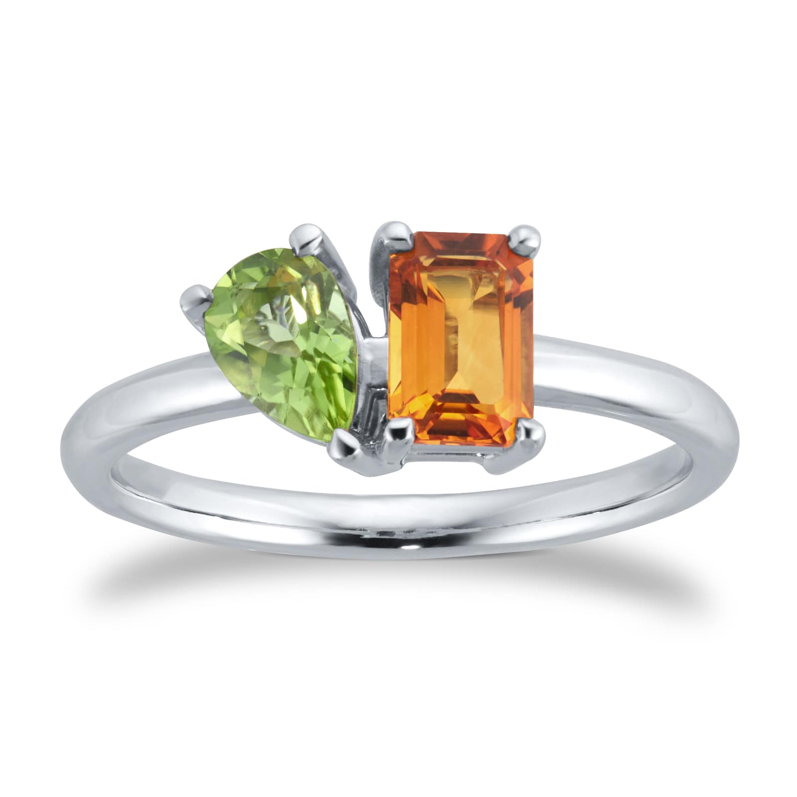 9ct White Gold Moi Et Toi Pear Peridot & Rectangular Citrine Ring - Ring Size N.5