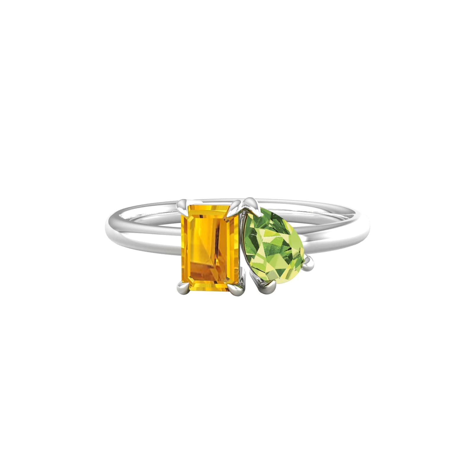 18ct White Gold Moi Et Toi Pear Peridot & Rectangular Citrine Ring