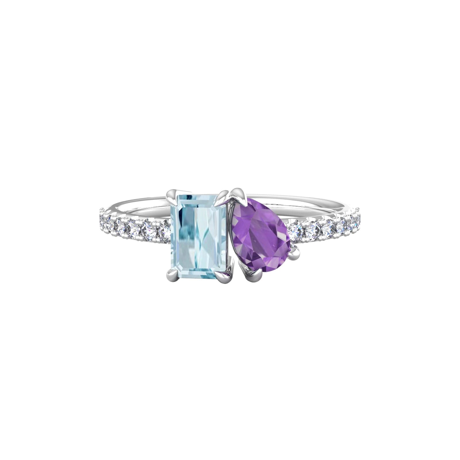 9ct White Gold Moi Et Toi Pear Amethyst & Rectangular Aquamarine Ring - Ring Size C.5