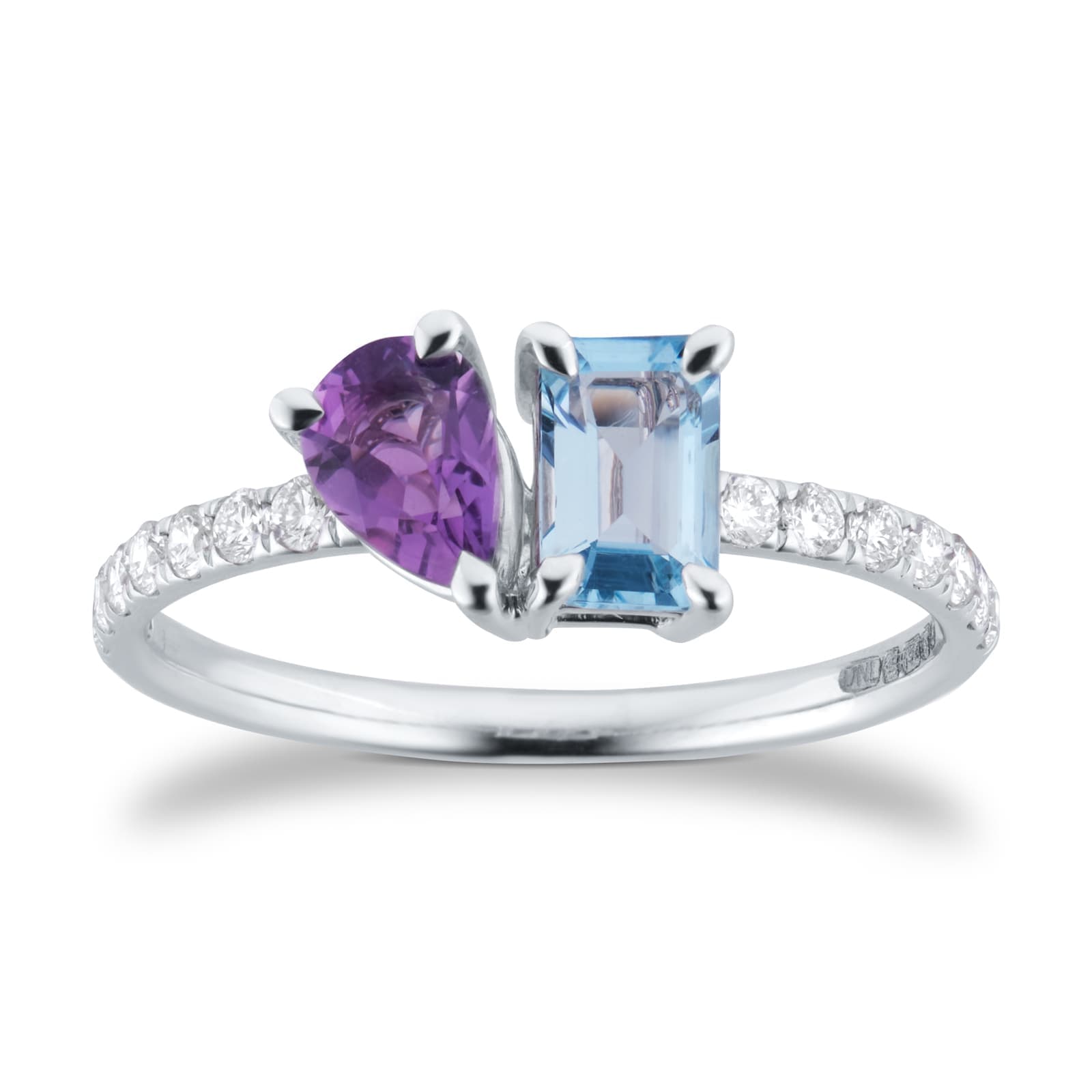 18ct White Gold Moi Et Toi Pear Amethyst & Rectangular Aquamarine Ring - Ring Size O