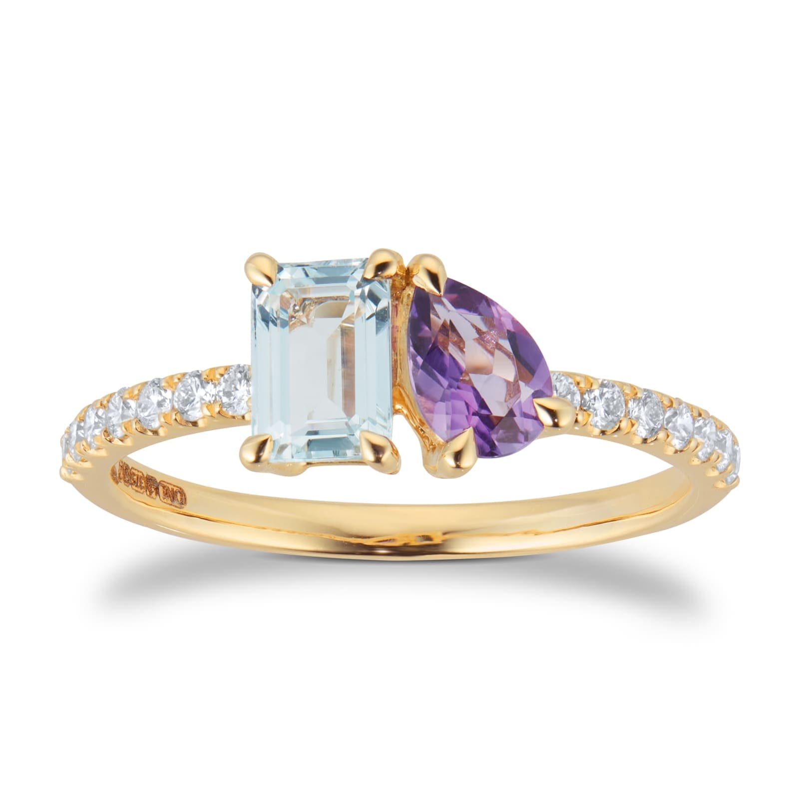 9ct Yellow Gold Moi Et Toi Pear Amethyst & Rectangular Aquamarine Ring - Ring Size E
