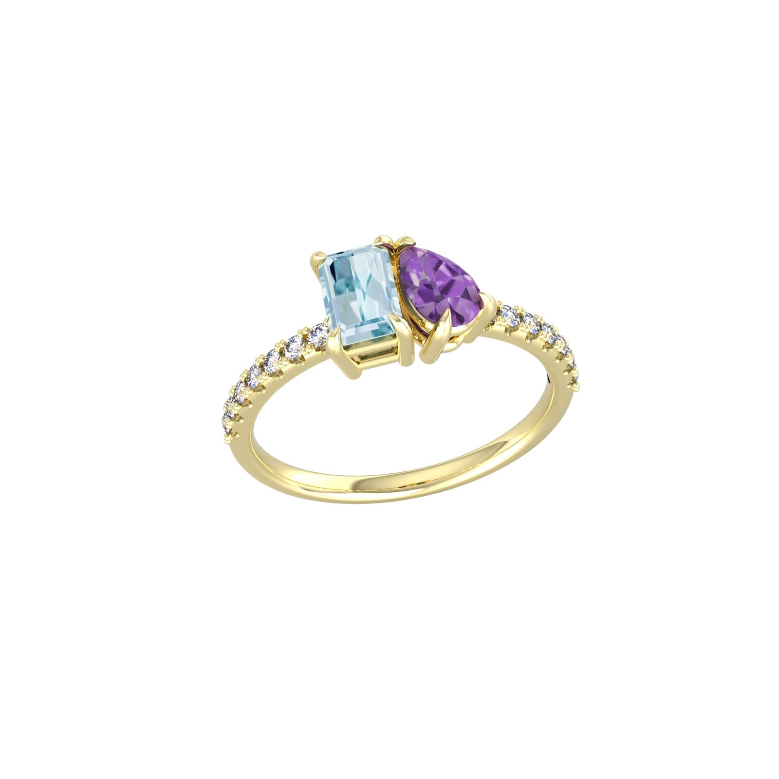 18ct Yellow Gold Moi Et Toi Pear Amethyst & Rectangular Aquamarine Ring - Ring Size S