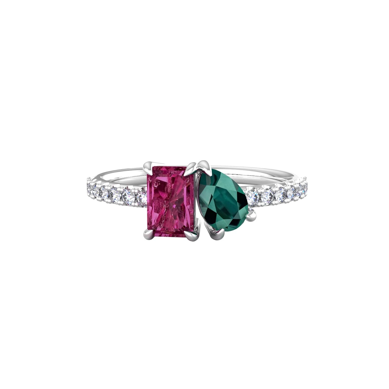 9ct White Gold Moi Et Toi Pear Green Tourmaline & Rectangular Pink Tourmaline Ring - Ring Size H