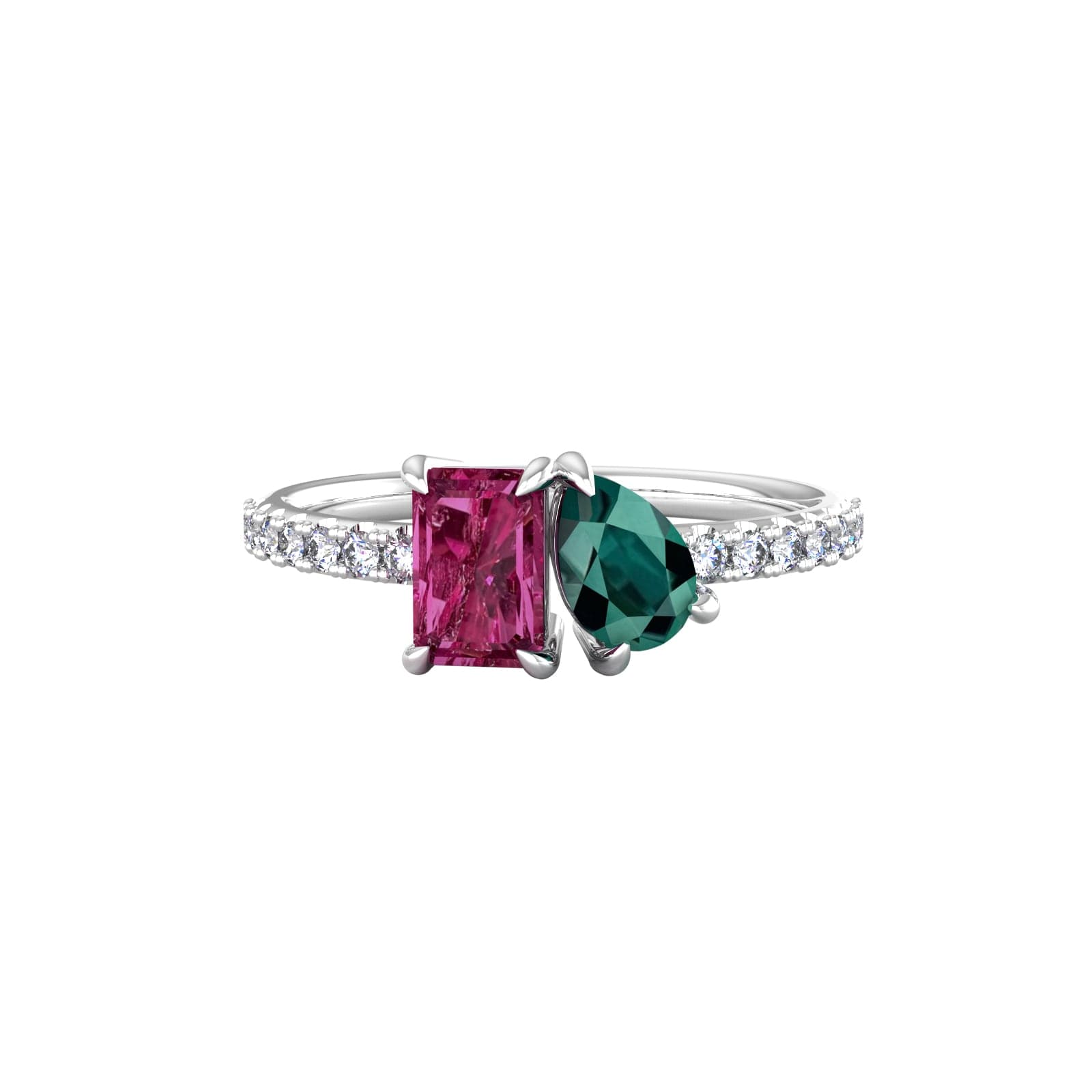 18ct White Gold Moi Et Toi Pear Green Tourmaline & Rectangular Pink Tourmaline Ring - Ring Size A
