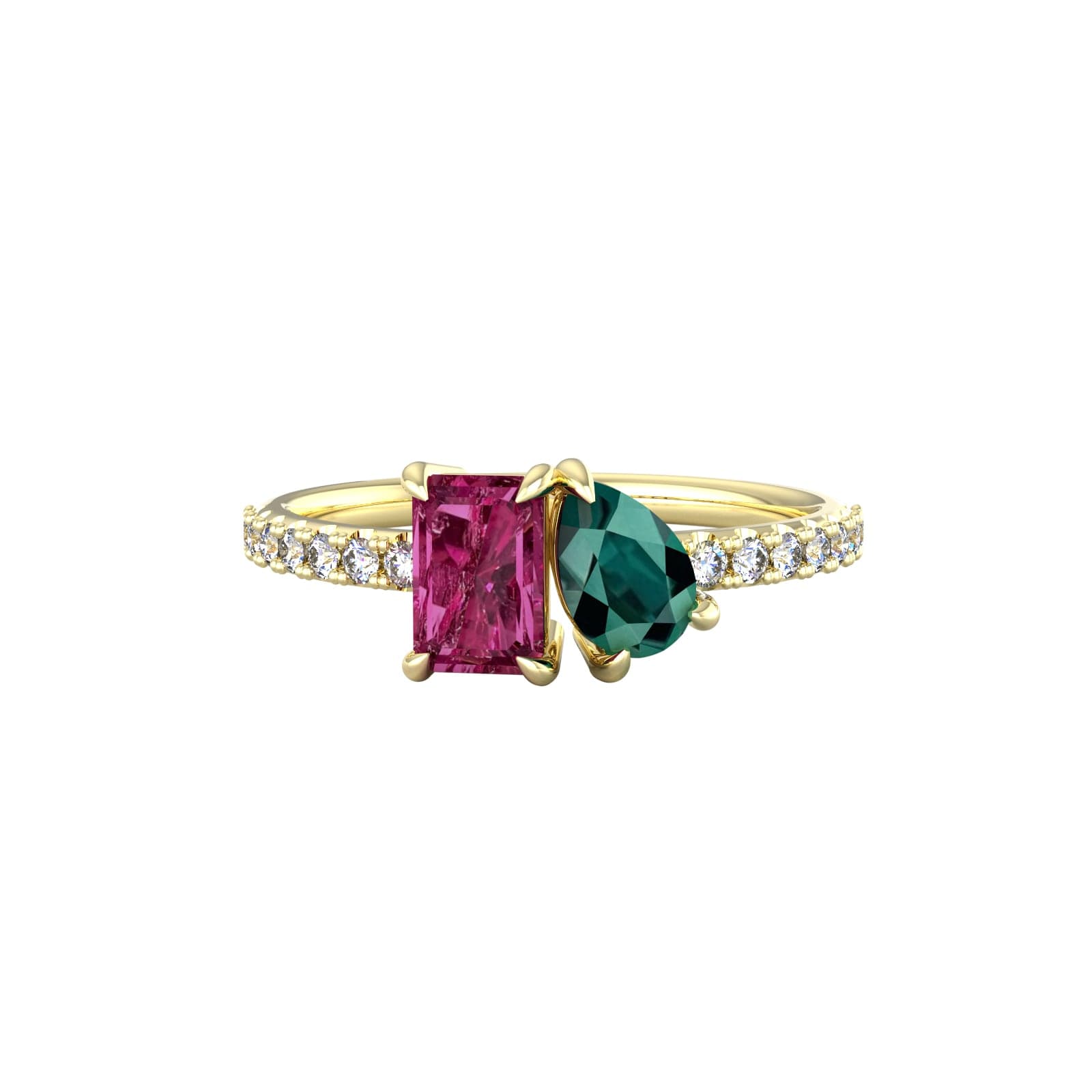 9ct Yellow Gold Moi Et Toi Pear Green Tourmaline & Rectangular Pink Tourmaline Ring