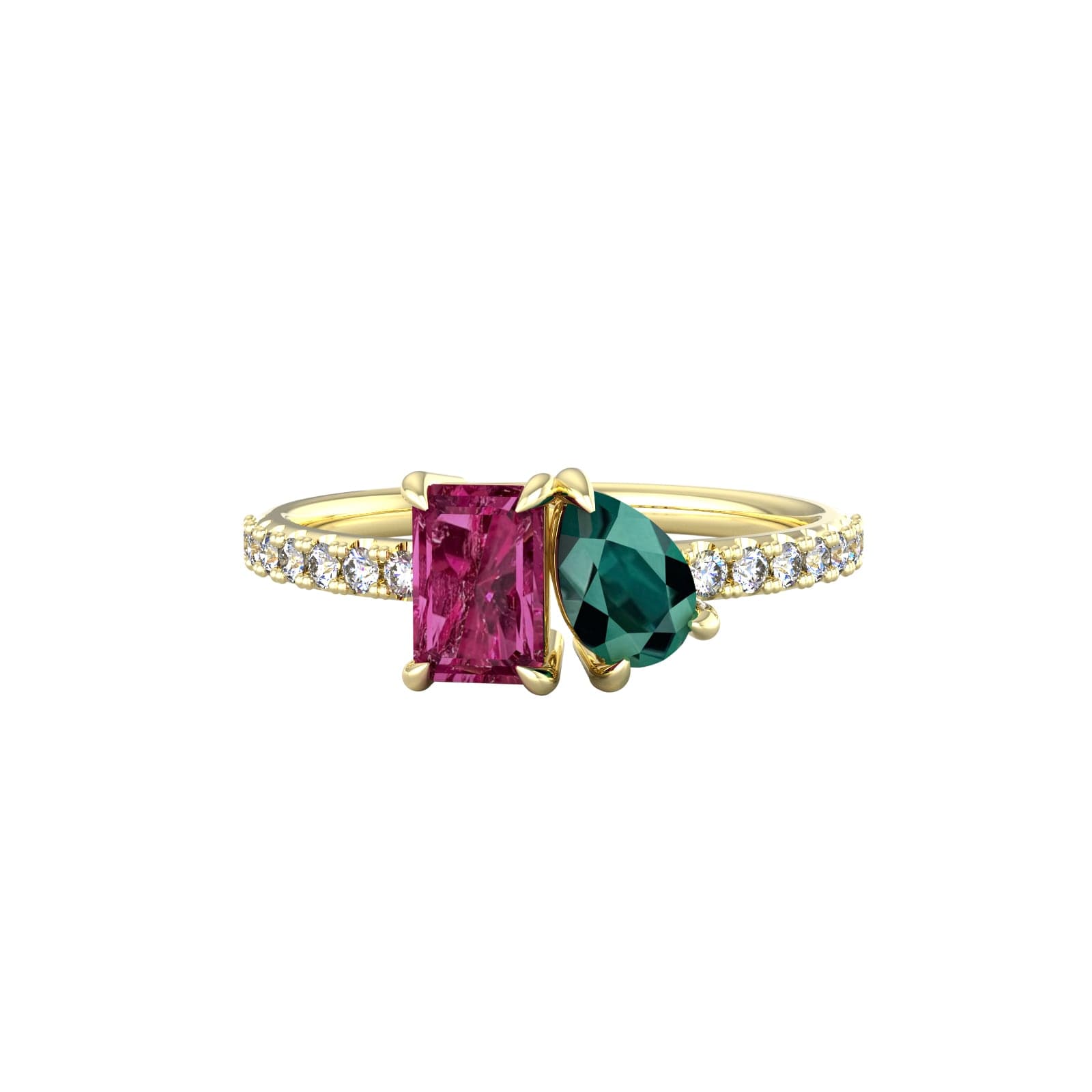 18ct Yellow Gold Moi Et Toi Pear Green Tourmaline & Rectangular Pink Tourmaline Ring