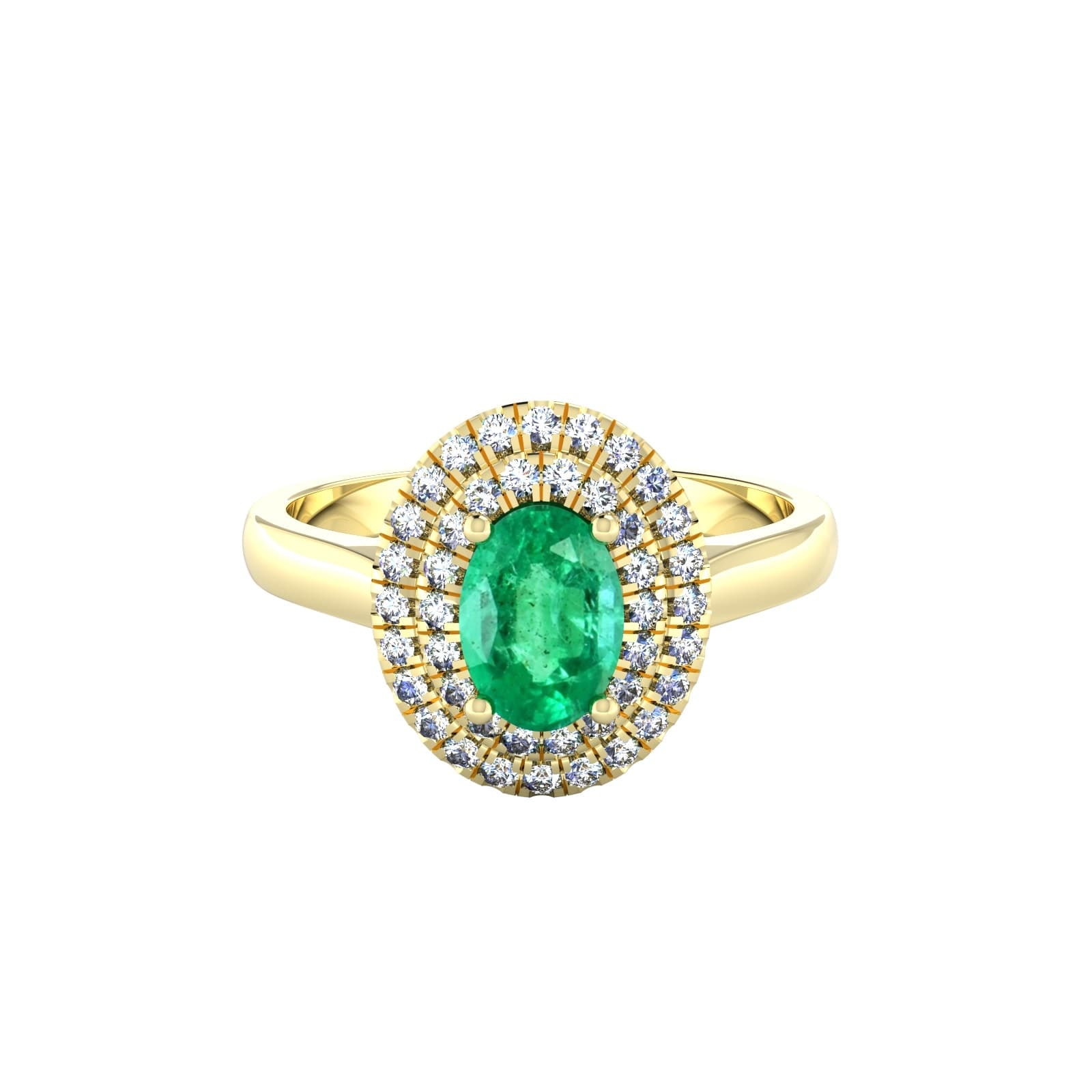 18ct Yellow Gold Emerald & Diamond Double Halo Cluster Ring - Ring Size D
