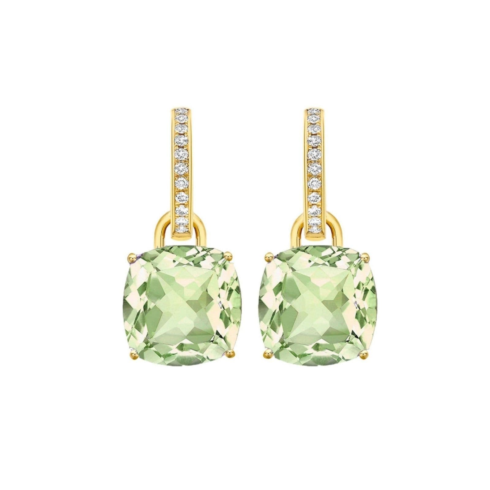 Kiki Classics 18ct Yellow Gold Cushion Cut Green Amethyst & 0.13cttw Diamond Detachable Hoop Earrings